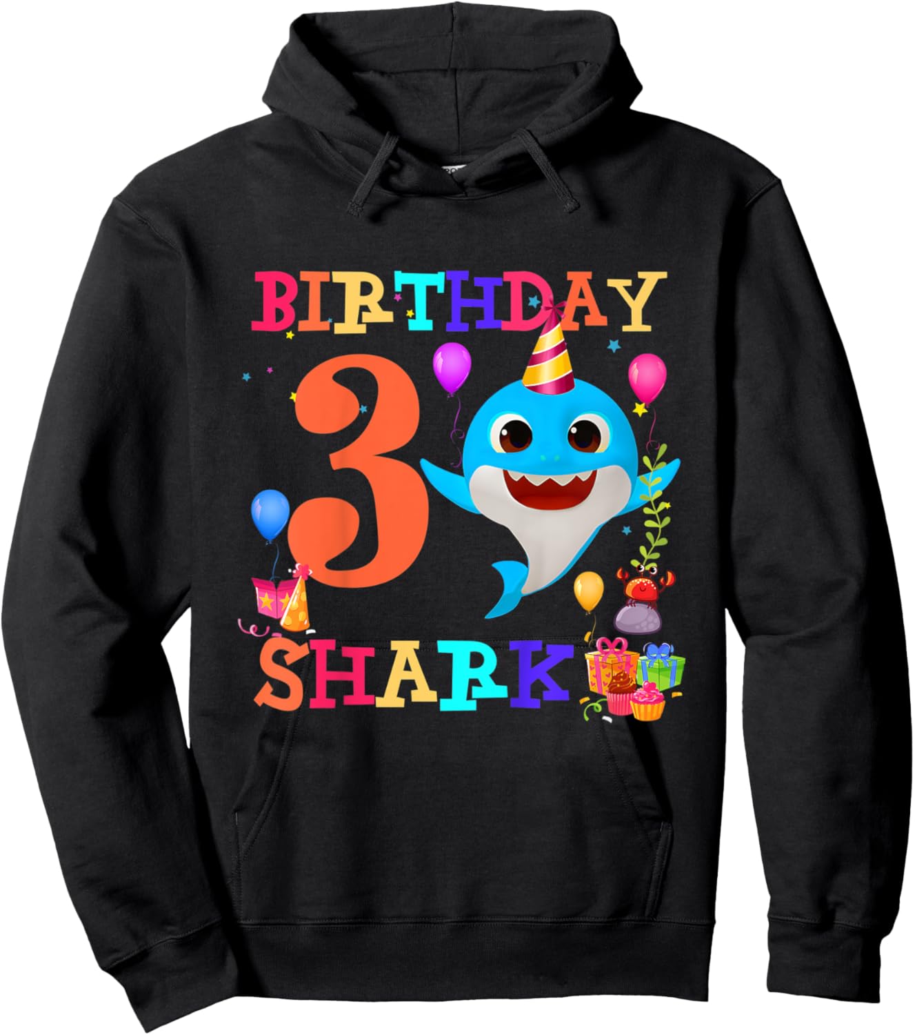 Kids 3 Year Old 3rd Birthday Shark Boys girls Toddlers Kids Hoodie - Hoodie | Black