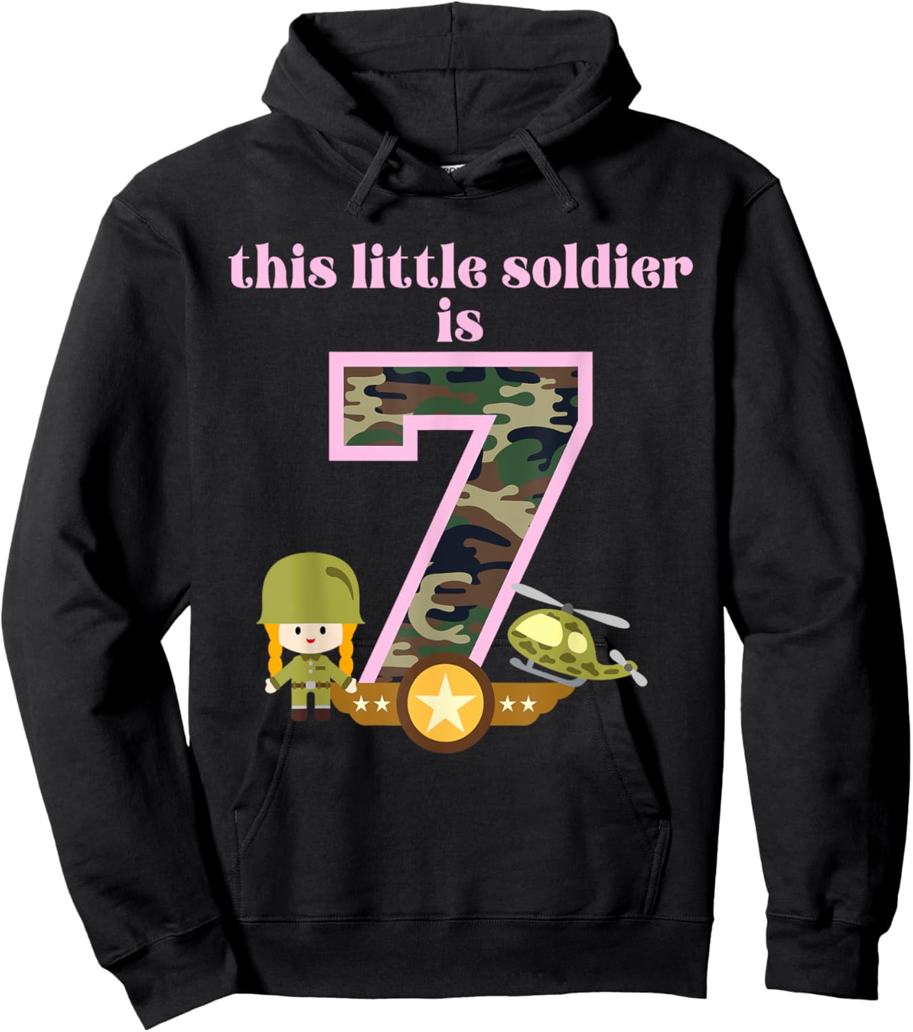 This Little Soldier is 7 Birthday Party Army Military Girls Hoodie - Hoodie | Black