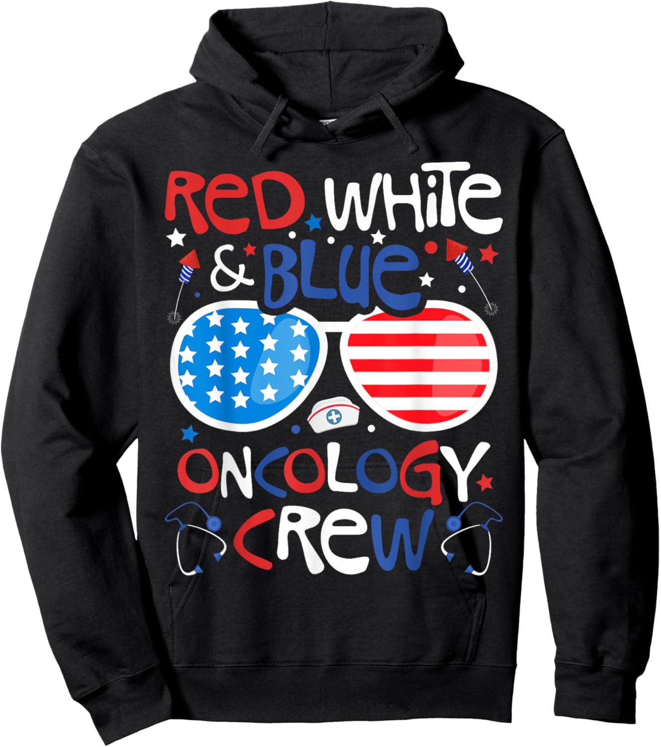 4th of July Red White Blue Oncology Crew Patriotic Nurse Hoodie - Hoodie | Black