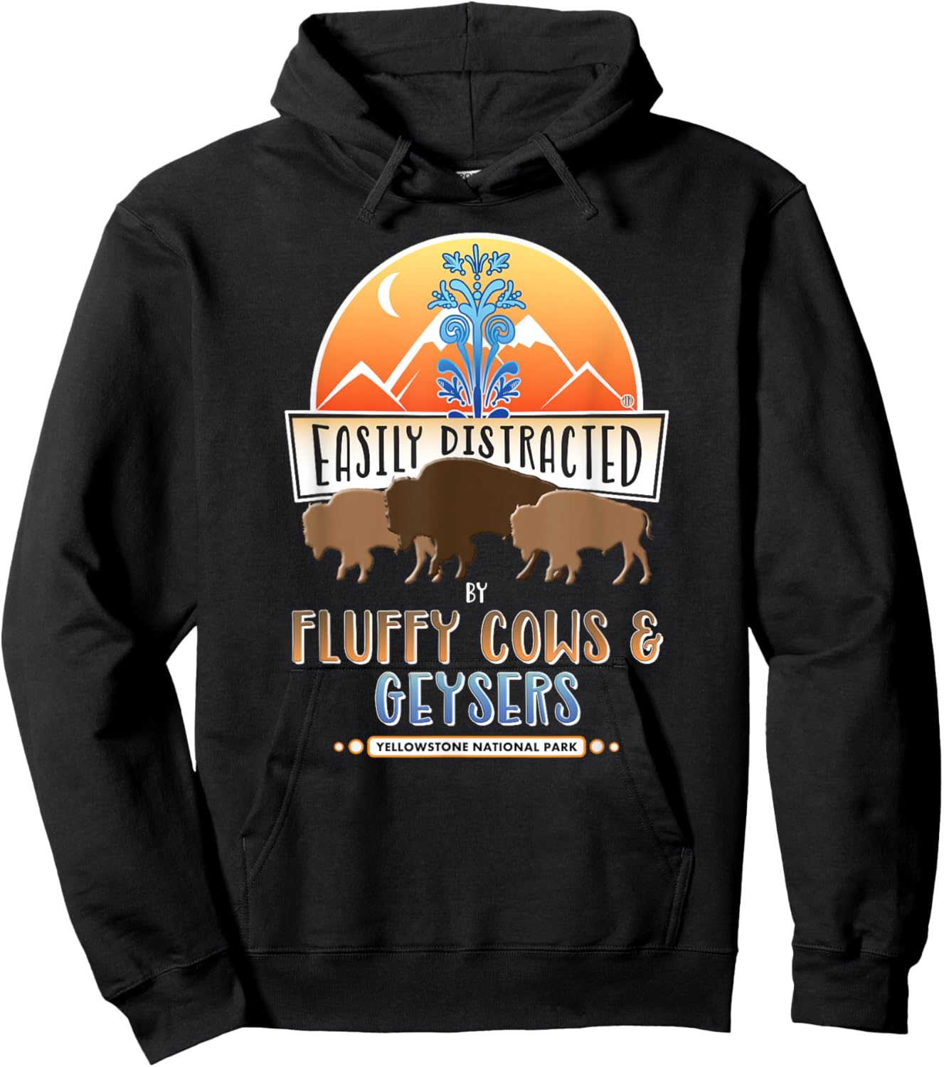 Yellowstone Fluffy Cow Bison & Old Faithful Geyser Hoodie - Hoodie | Black
