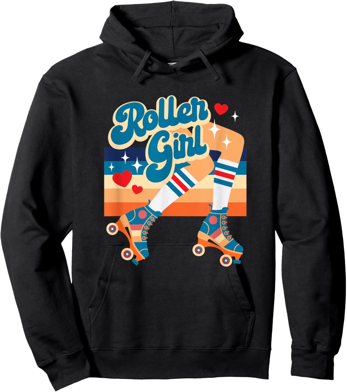 Retro Vintage Roller Girl Roller Skates w Hearts And Stripes Hoodie - Hoodie | Black