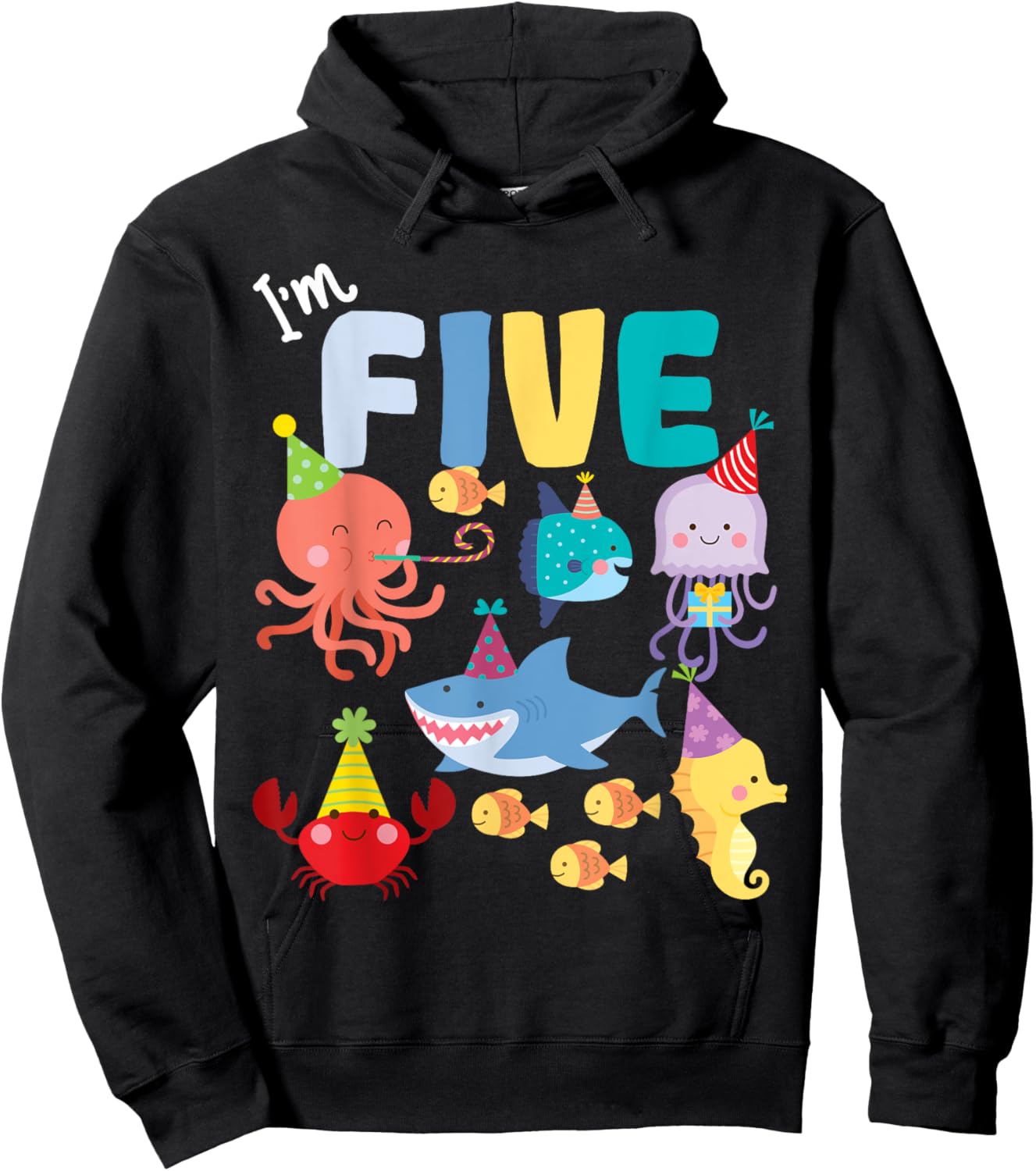 Cute Sea Animals Ocean Creatures Party 5th Birthday I'm Five Hoodie - Hoodie | Black