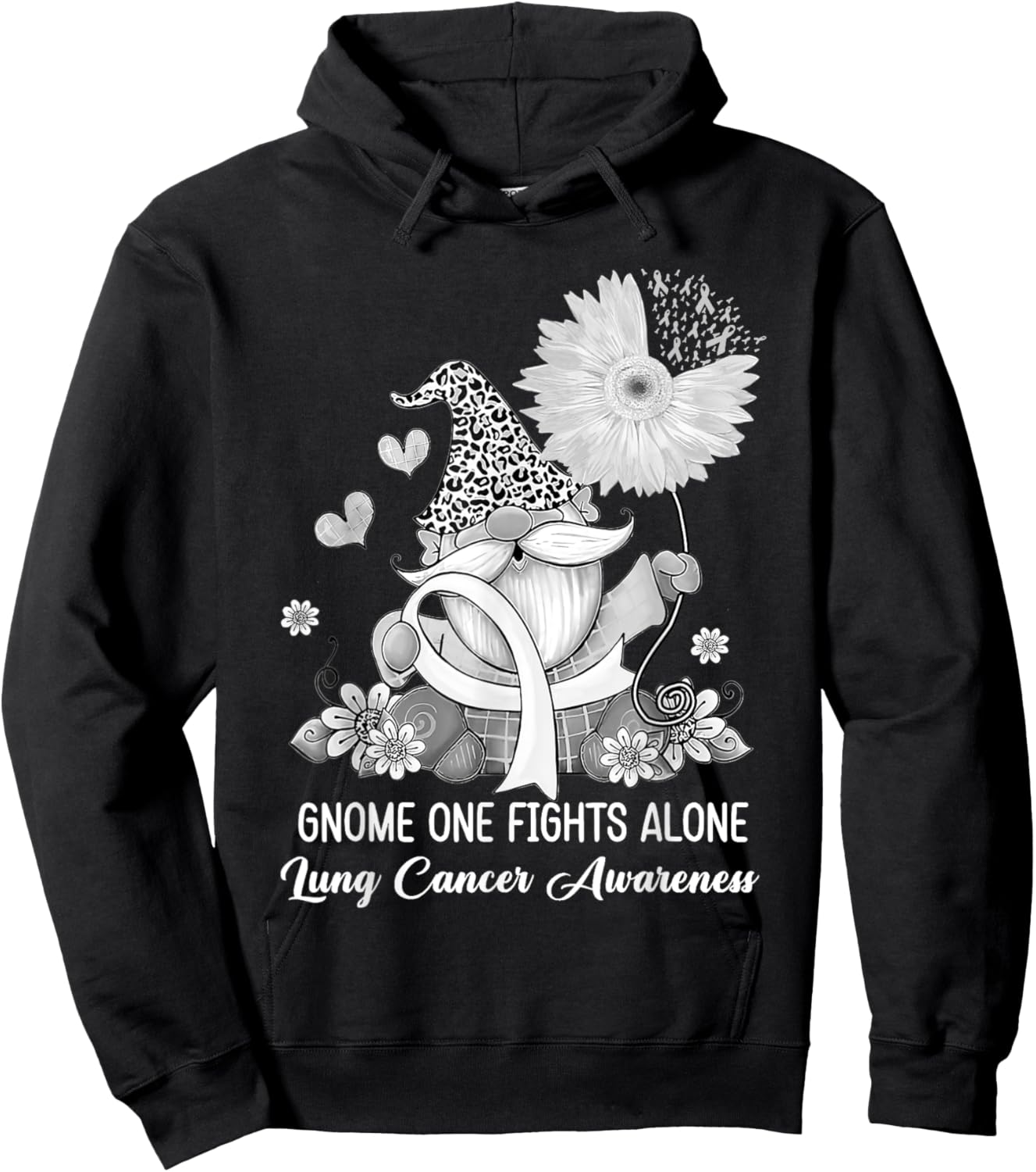 Gnome One Fights Alone Ribbon Lung Cancer Awareness Hoodie - Hoodie | Black