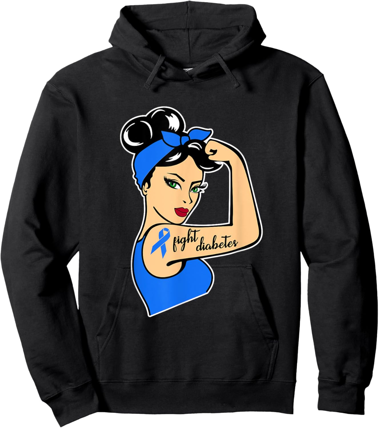 Type One Diabetes Awareness Month Rosie Riveter Blue Ribbon Hoodie - Hoodie | Black