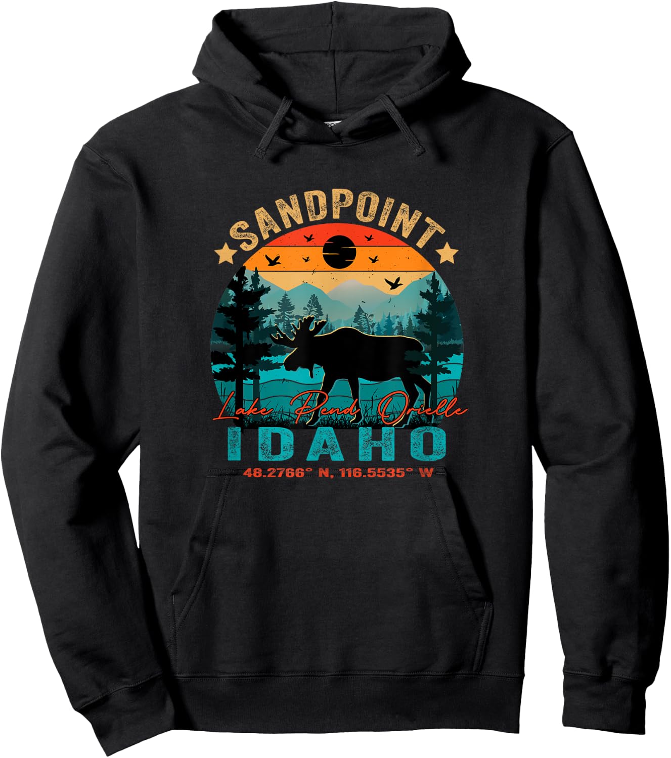 Sandpoint Idaho ID Retro Sunset Vintage Moose Mountains Hoodie - Hoodie | Black