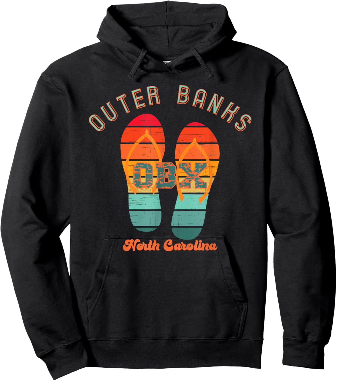 NC OBX Retro Beach Family Vacation Outer Banks Flip Flops Men Women Girls Kids Hoodie - Hoodie | Black