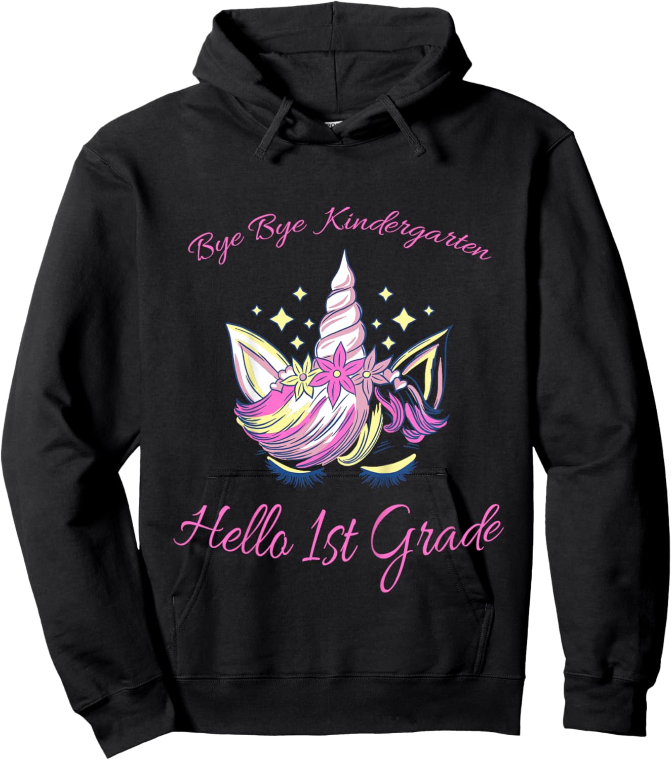 Kids Bye Bye Kindergarten, Hello 1st Grade pink Unicorn Hoodie - Hoodie | Black