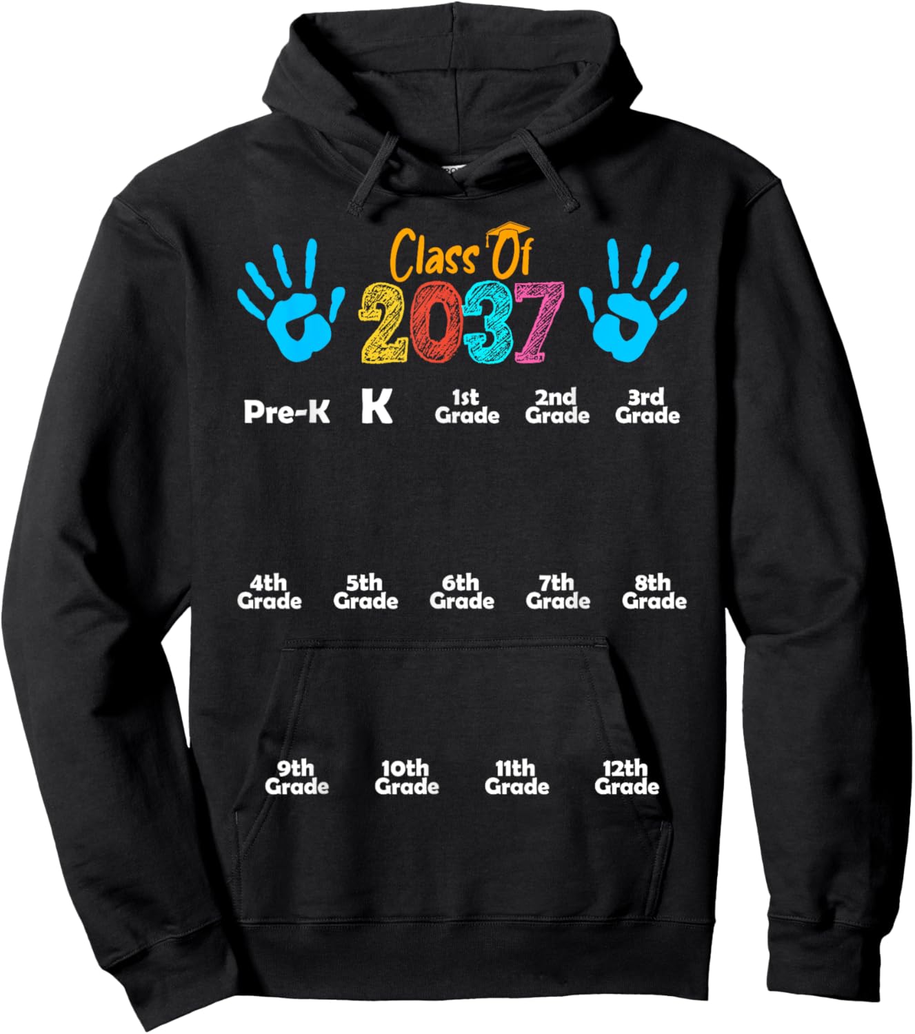 Class of 2037 Kindergarten Graduation Grow With Me Handprint Hoodie - Hoodie | Black