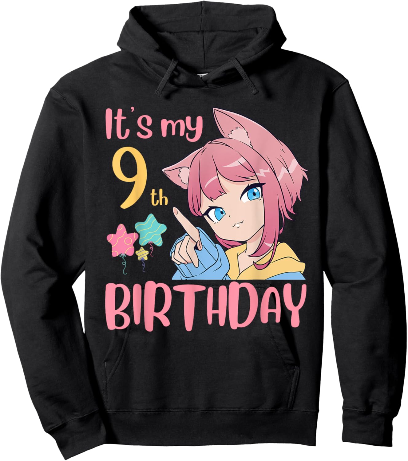 It's My 9th Birthday Anime Birthday Girl 9 Years Old Bday Hoodie - Hoodie | Black