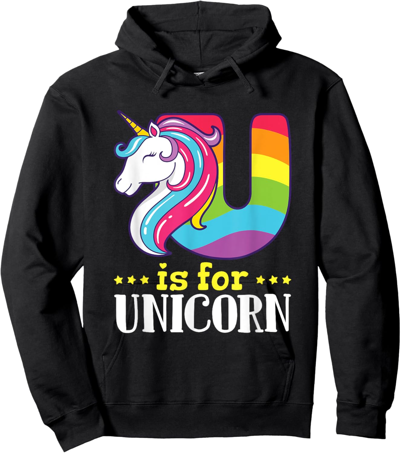 U Is for Unicorn Cute Alphabet Rainbow Hoodie - Hoodie | Black