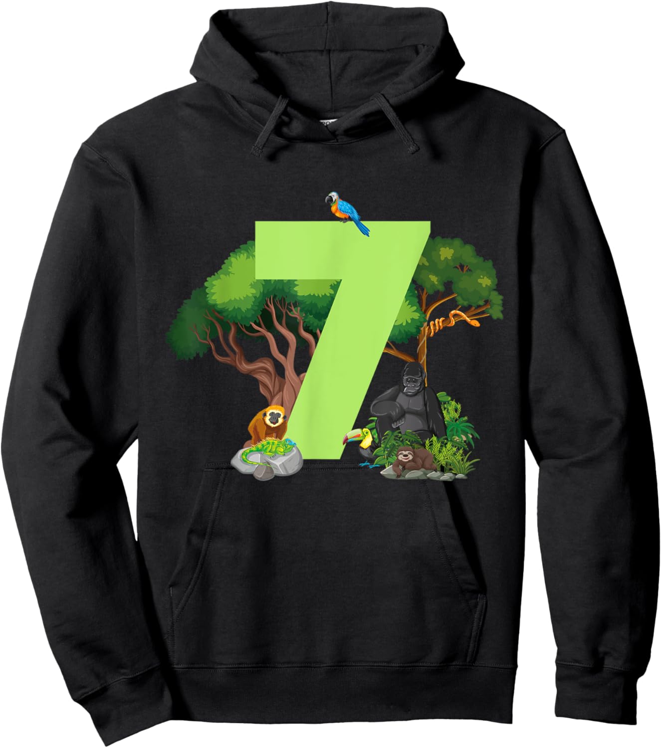 7th Birthday Jungle Animals Safari Rainforest 7 Year Old Hoodie - Hoodie | Black