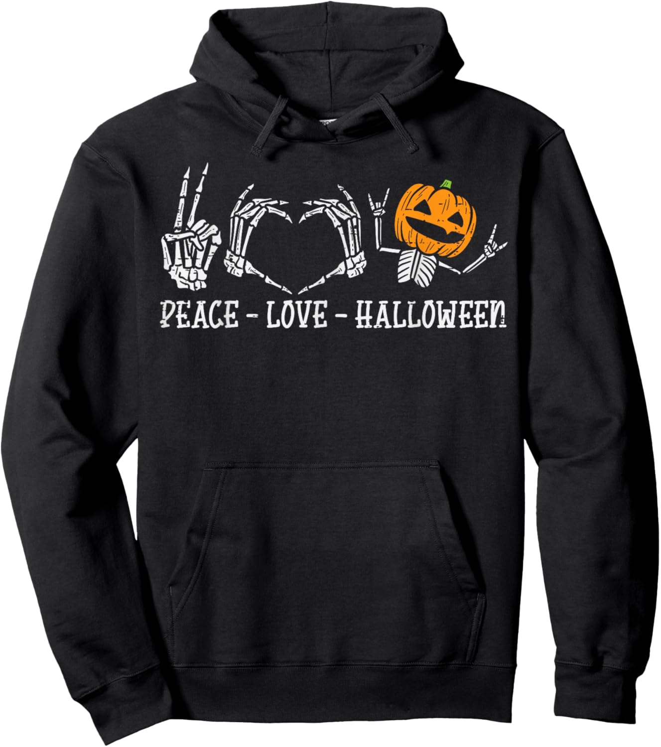 Skeleton Peace Love Pumpkin Funny Halloween Men Women Kids Hoodie - Hoodie | Black