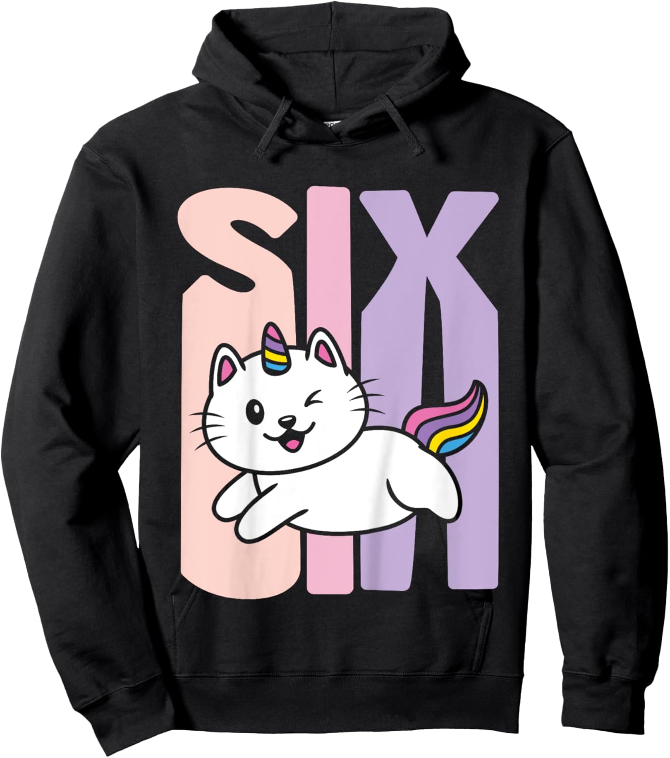 Kids 6 Year Old Cute Caticorn Cat Unicorn Birthday Girl B-day Hoodie - Hoodie | Black