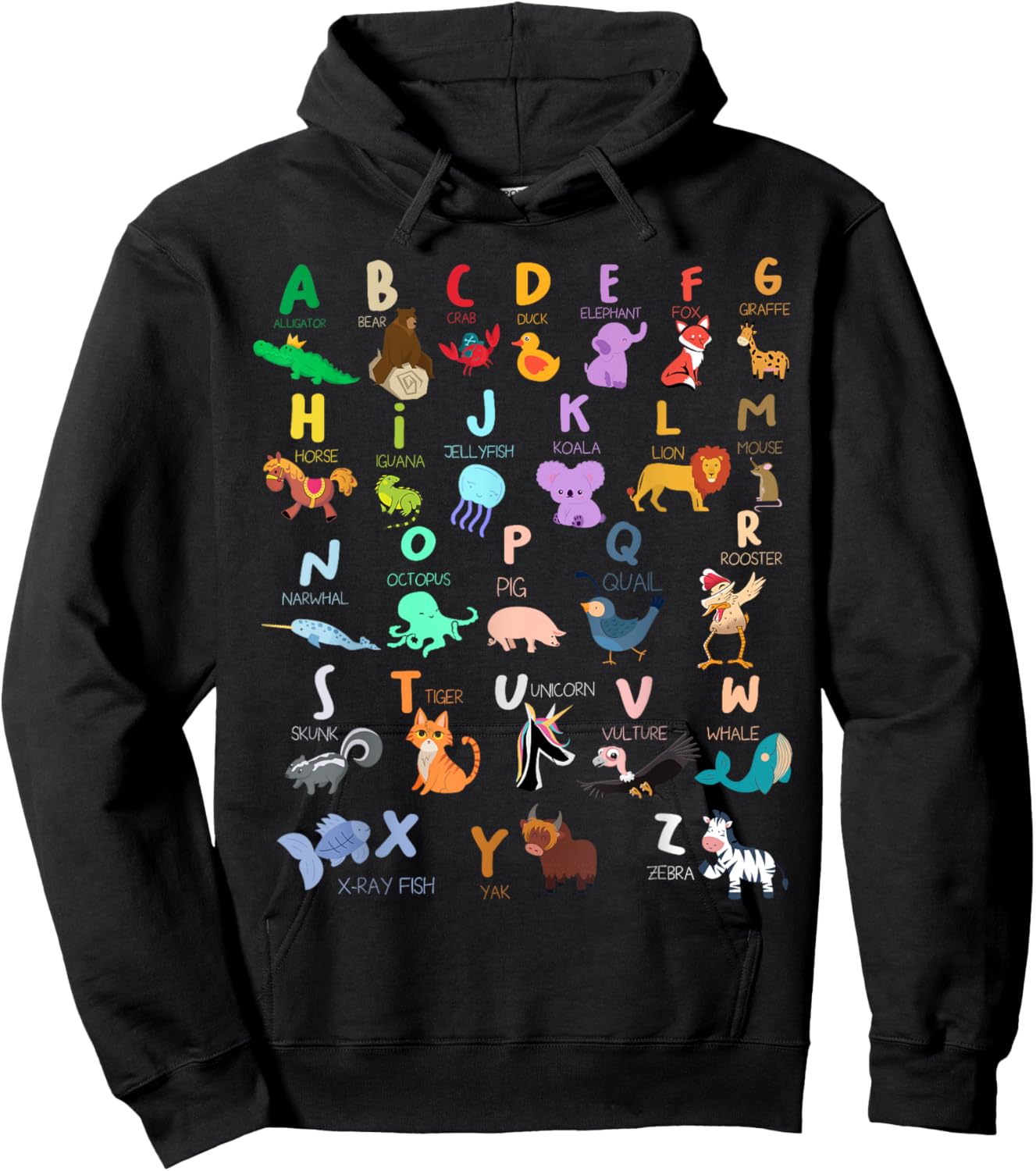 Alphabet Animal ABC Alligator Bear Crab Duck Elephant Fox Hoodie - Hoodie | Black