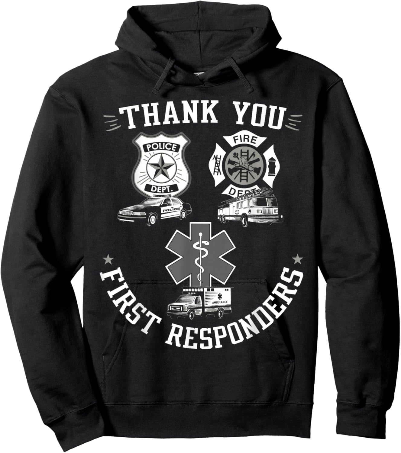 Thank You First Responders Patriotic EMT Police Firefighter Women Kids Men Hoodie - Hoodie | Black