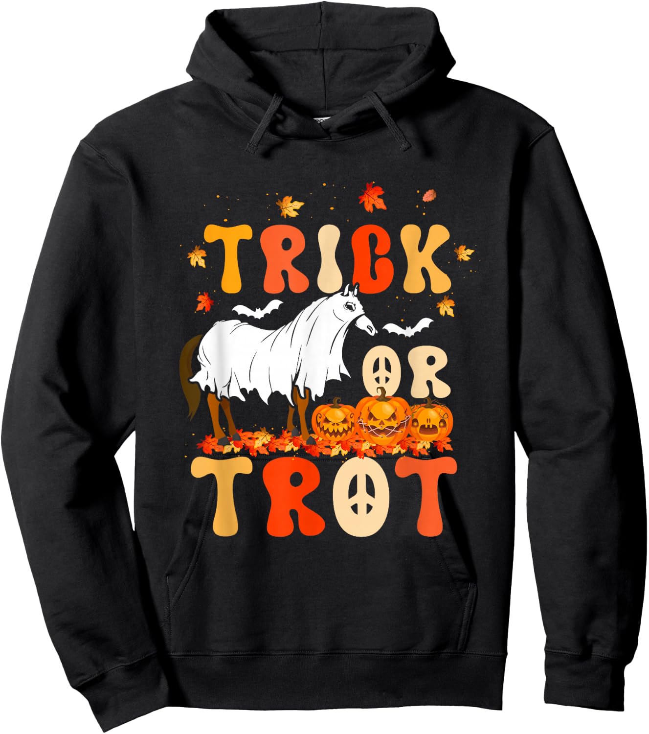 Trick Or Trot Funny Halloween Pumpkin And Cute Ghost Horse Hoodie - Hoodie | Black