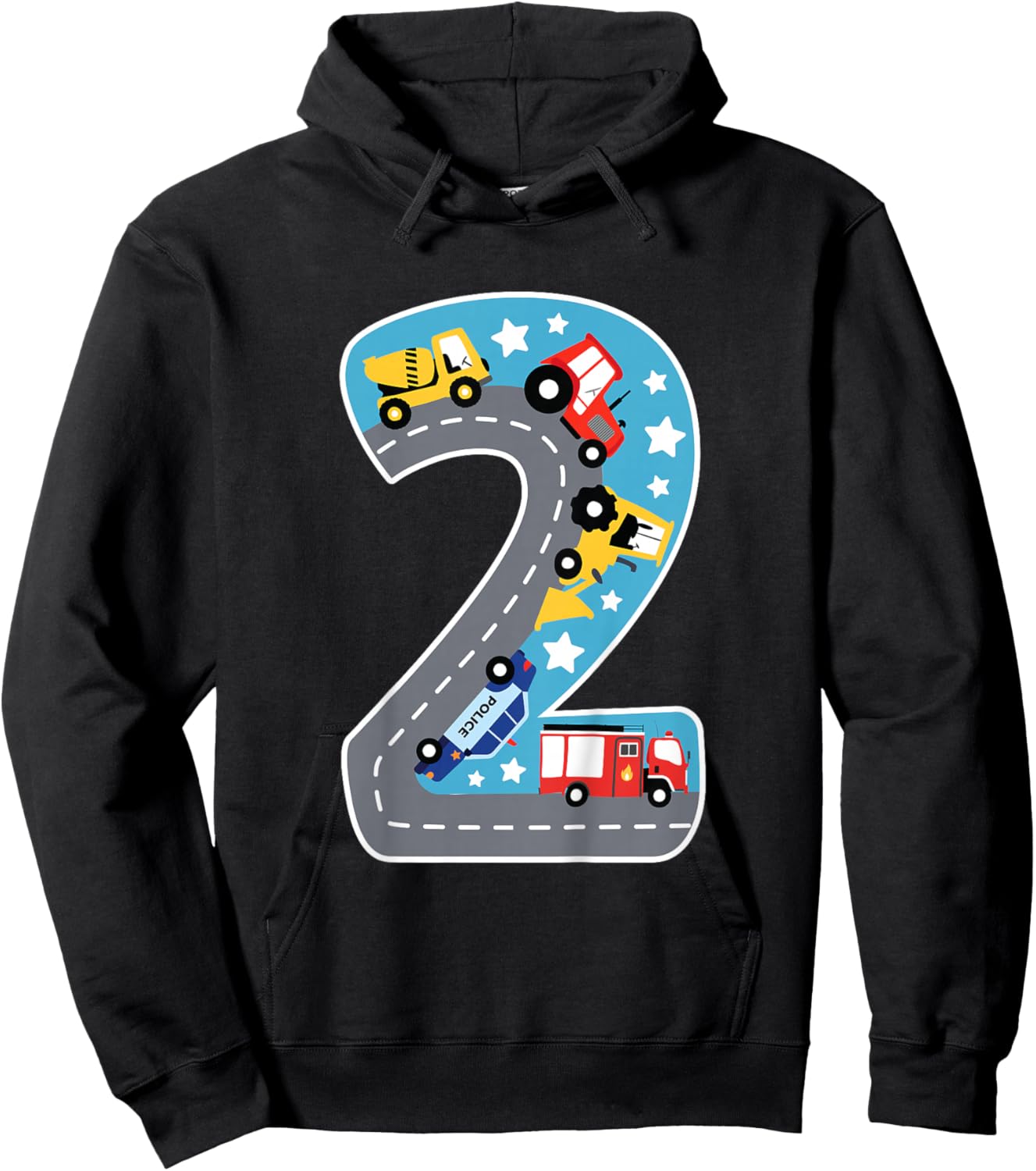 Boys Construction Machines Fire Brigade Police 2nd Birthday Hoodie - Hoodie | Black