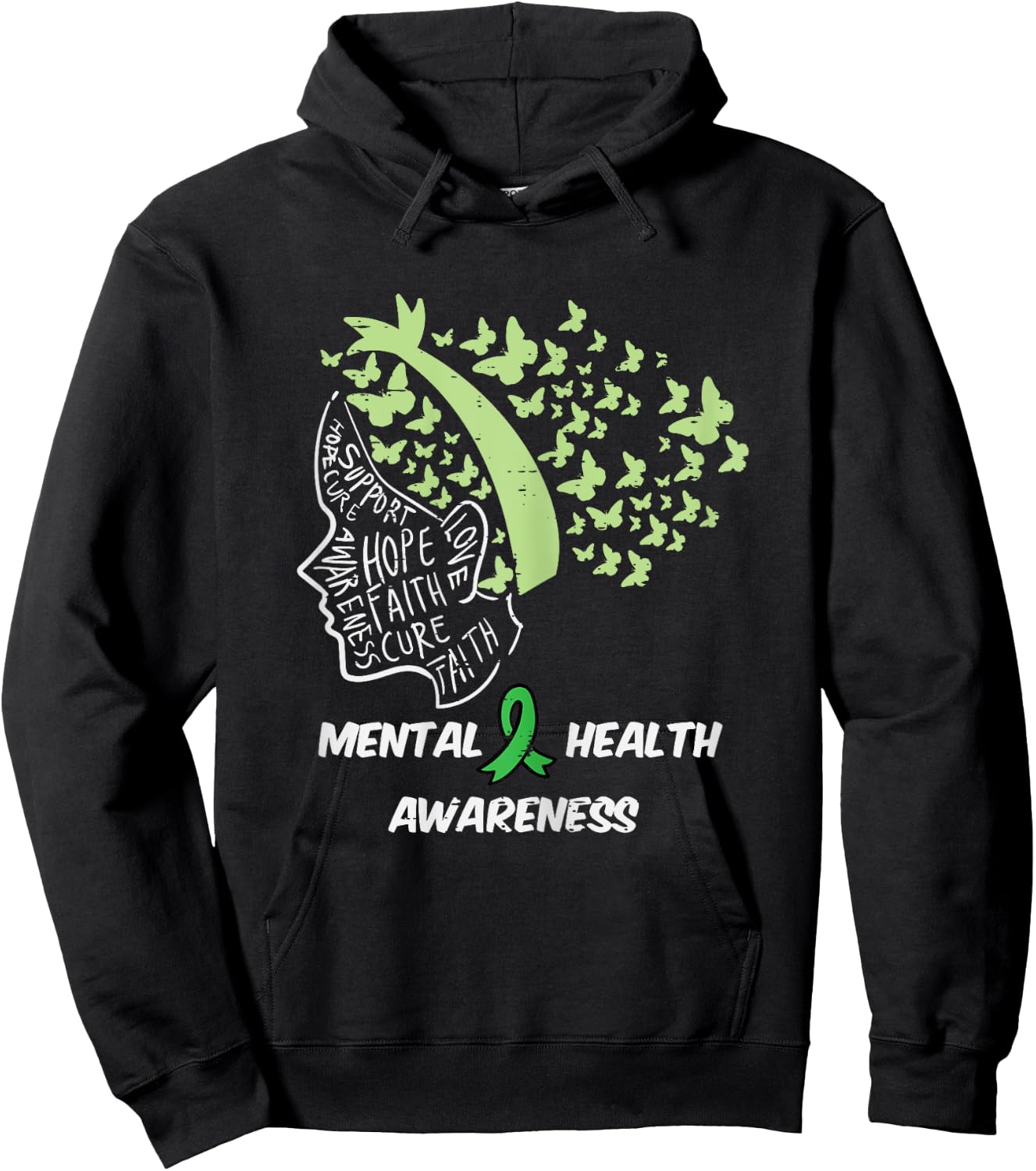 Mental Health Hope Cure Butterfly Hair Aware Girl Kids Women Hoodie - Hoodie | Black