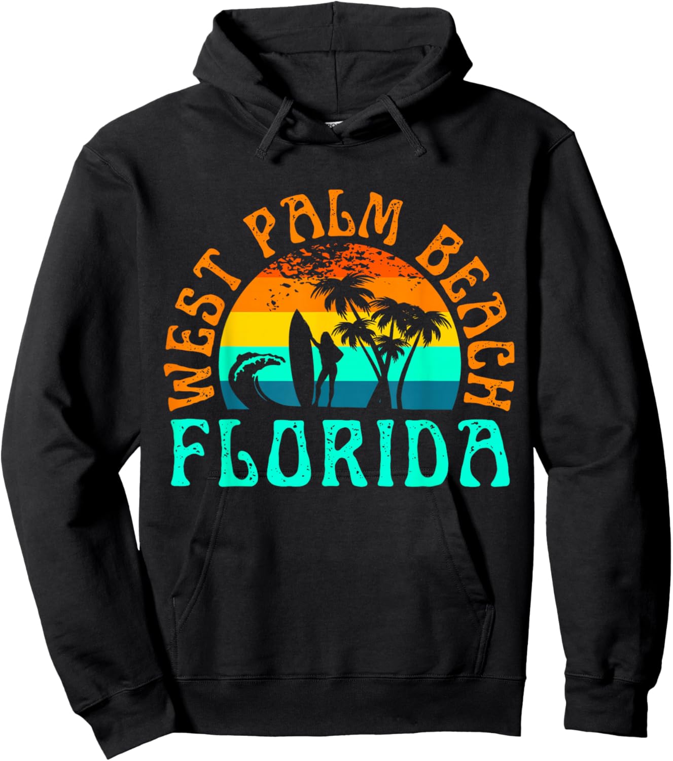 West Palm Beach Florida Surfing Beach Ocean Waves Surf Retro Men Women Kids Hoodie - Hoodie | Black