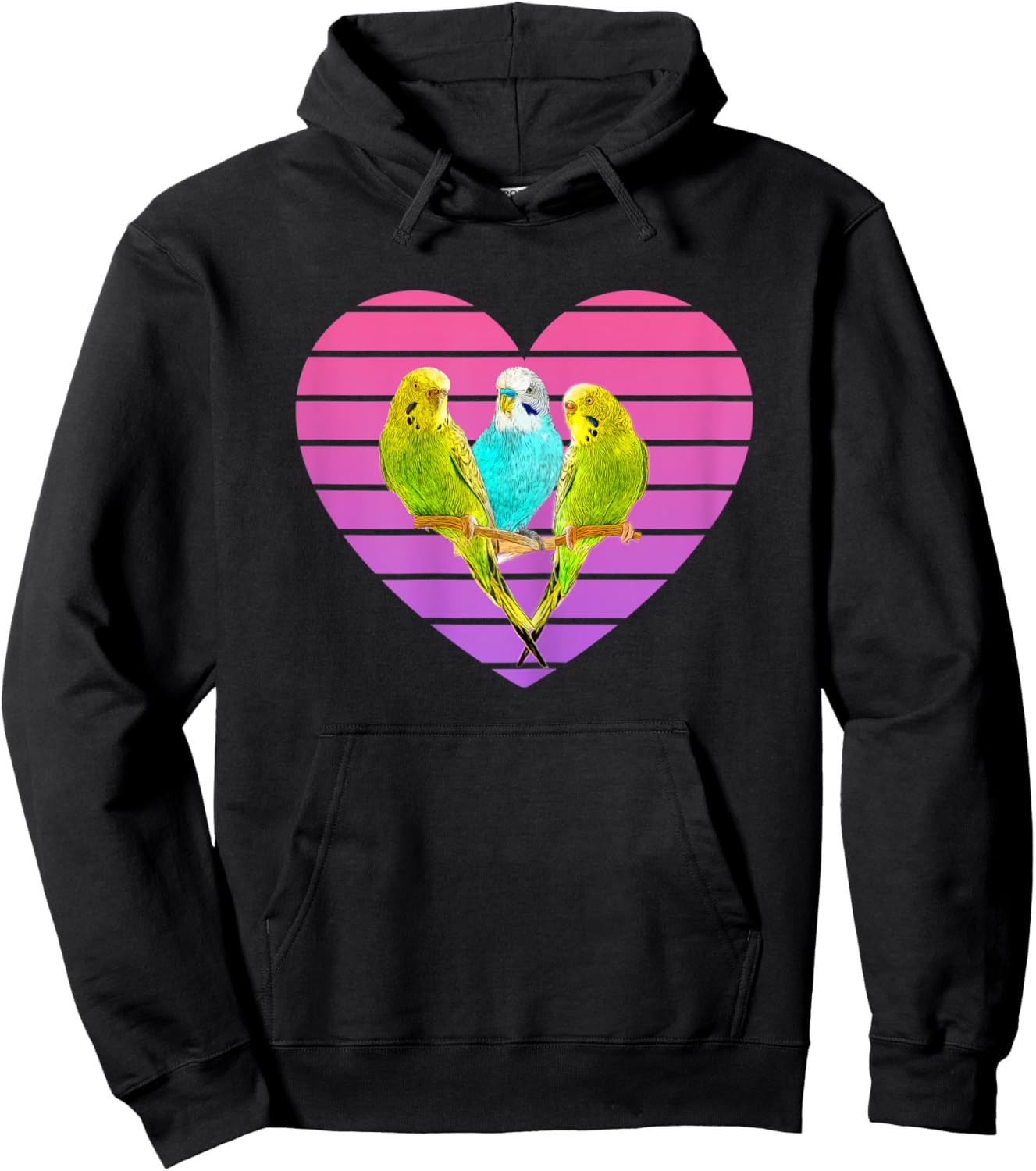 Three Parakeets Inside a Retro Sunset Style Heart Hoodie - Hoodie | Black