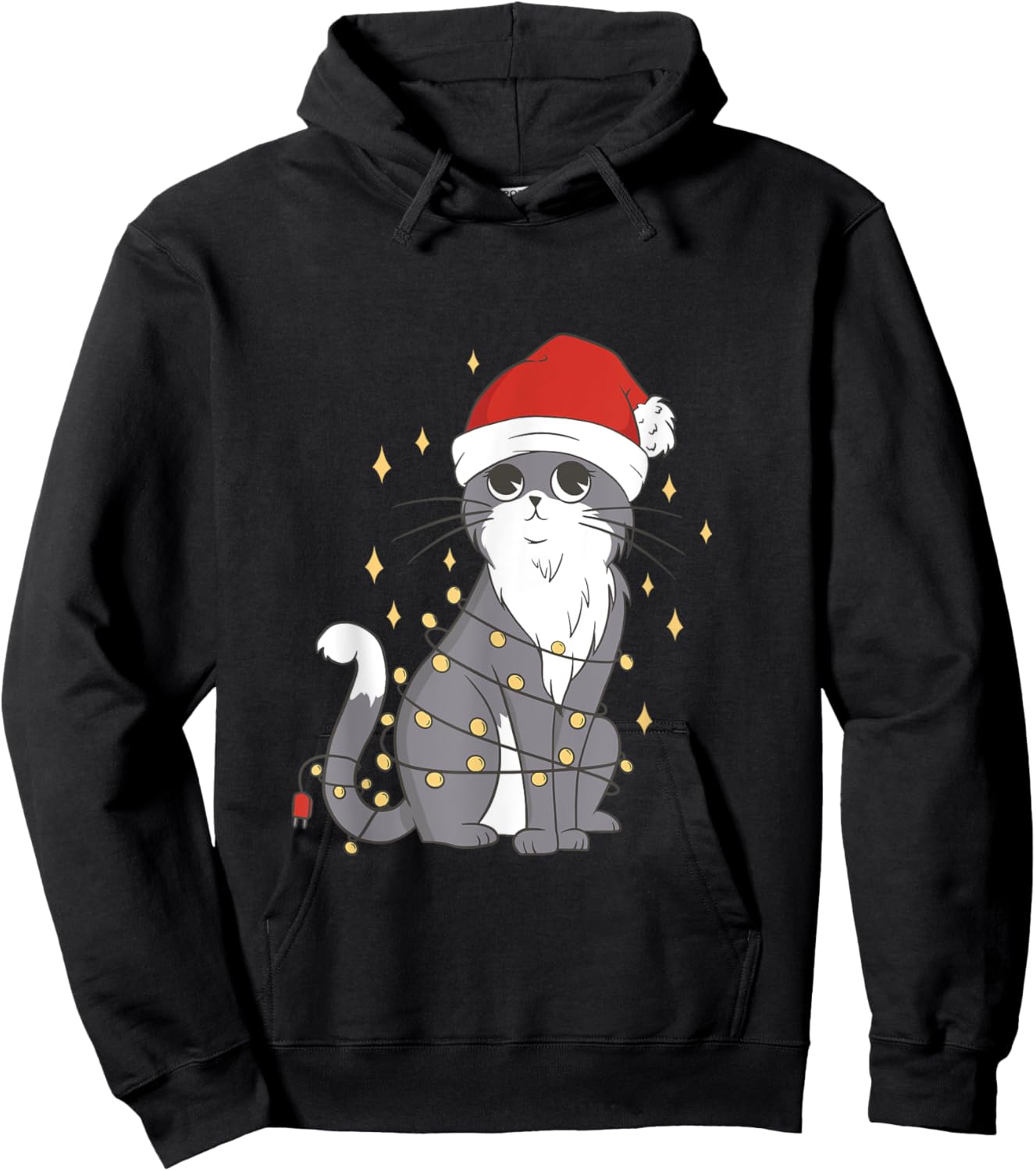 Cat Christmas Hat Christmas Lights Cute Cat Christmas Women Girls Kids Hoodie - Hoodie | Black