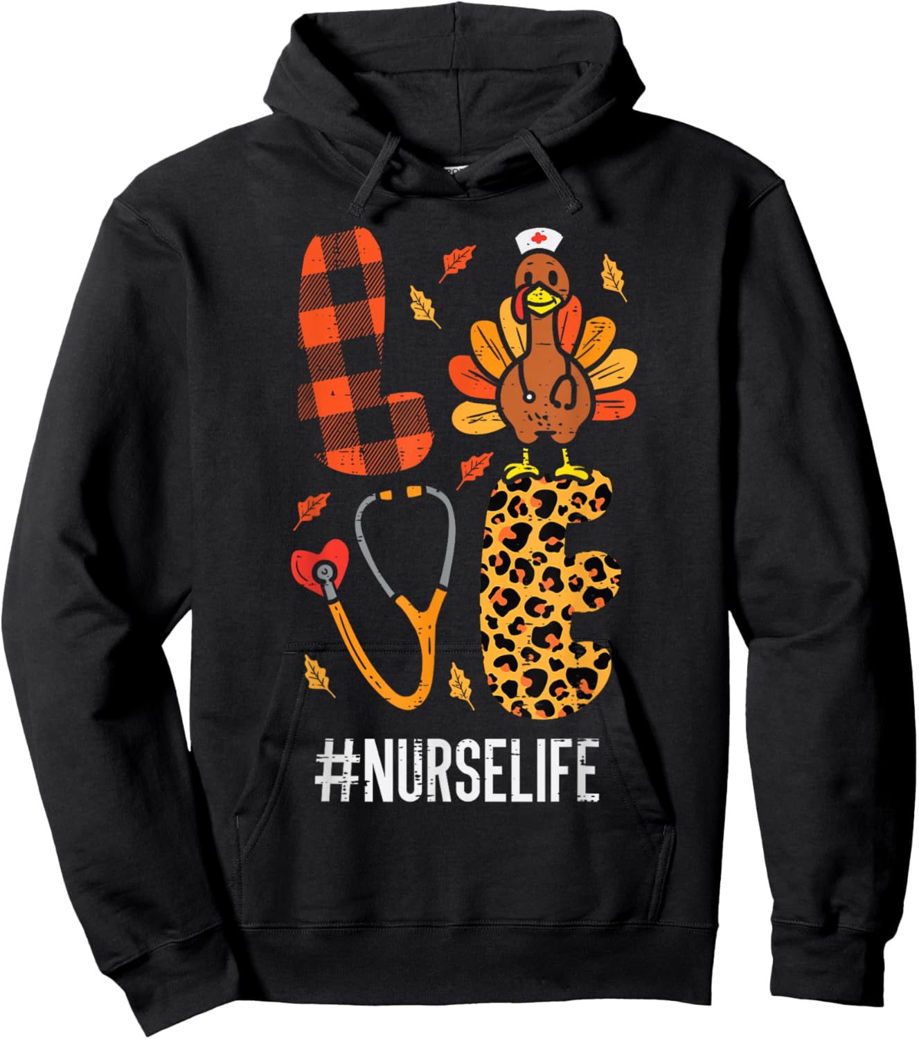 Love Turkey Stethoscope Nurse Thanksgiving Fall Scrub Women Hoodie - Hoodie | Black