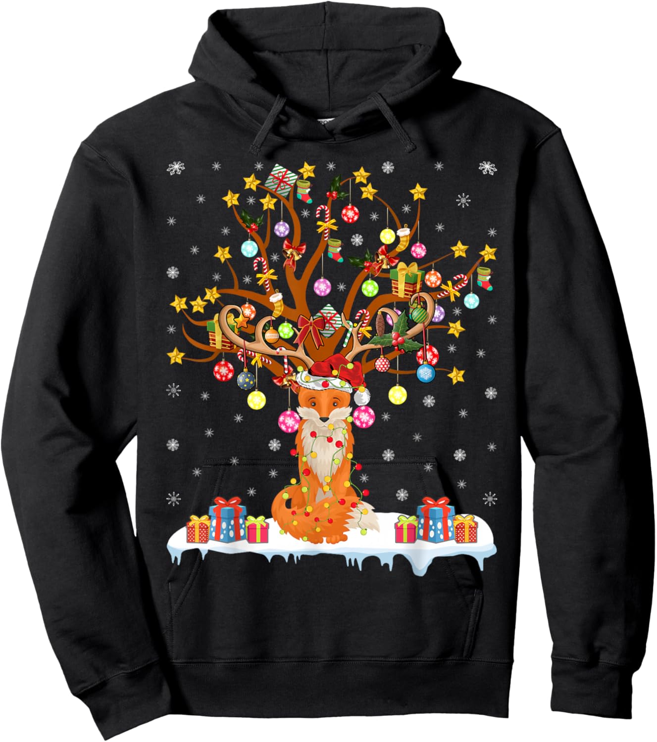 Fox Xmas Lighting Tree Santa Fox Christmas Tree Hoodie - Hoodie | Black