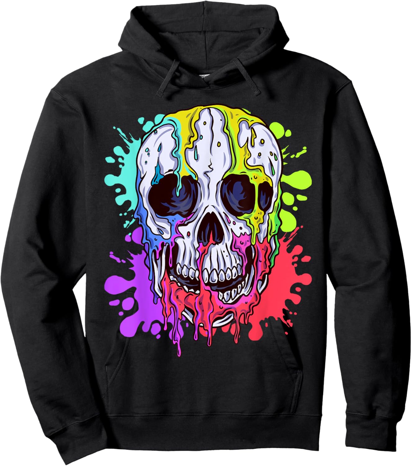 Melting Skull Colorful Paint Drip Graphic Hoodie - Hoodie | Black