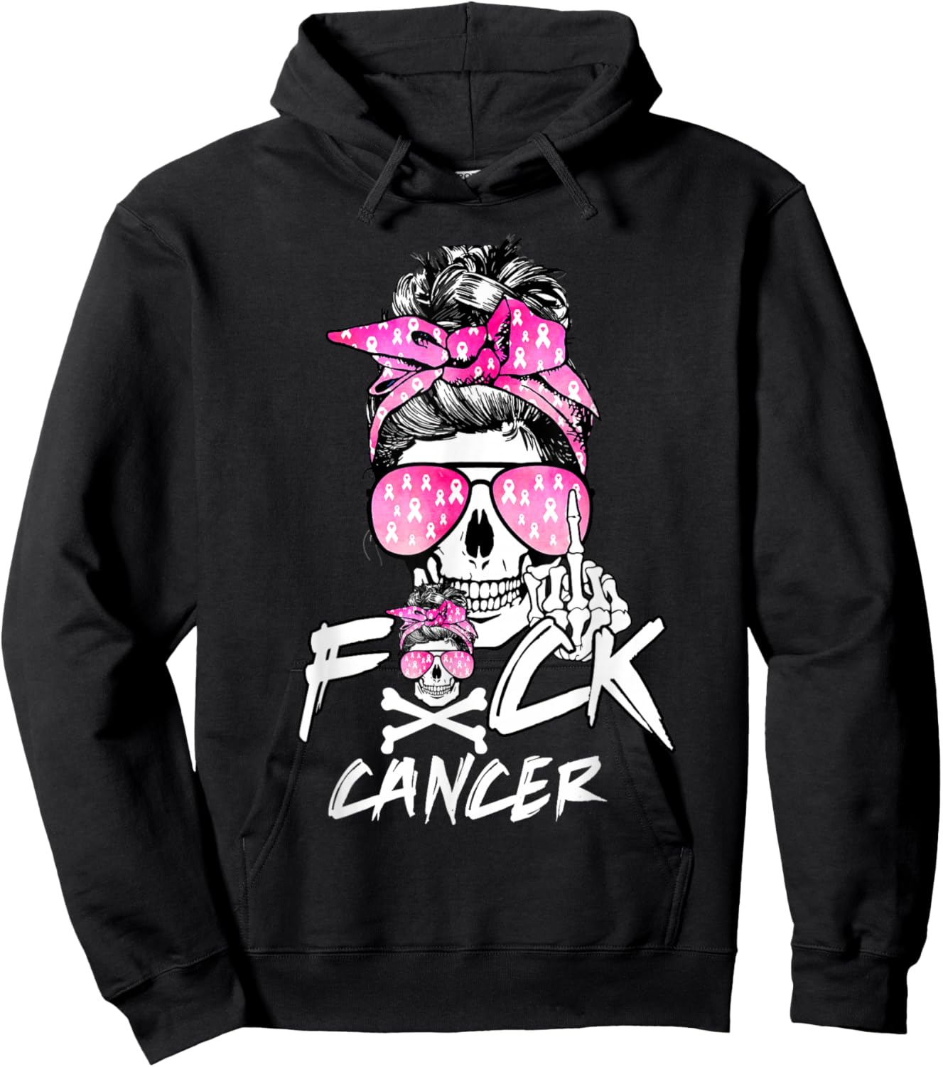 Fuck Breast Cancer Women Warrior Pink Ribbon Messy Bun Hair Hoodie - Hoodie | Black