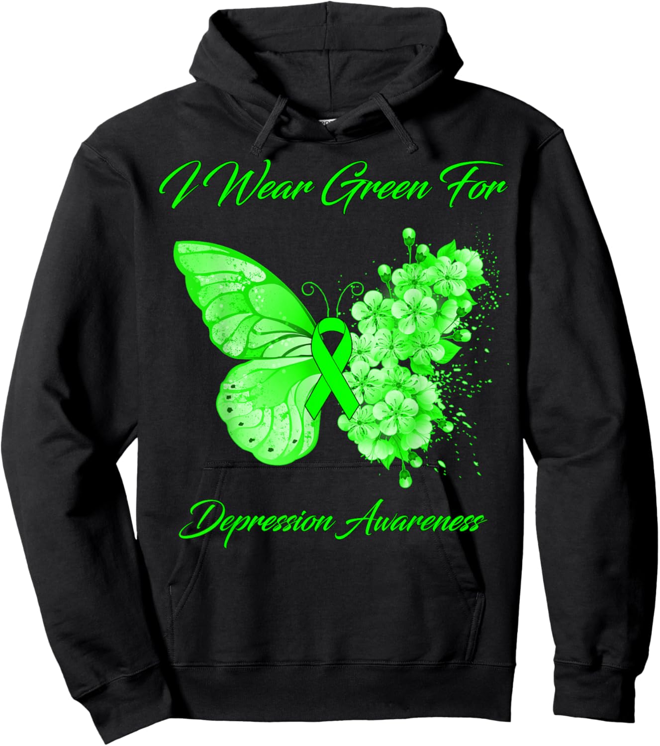 Butterfly I Wear Green For Depression Awareness Hoodie - Hoodie | Black
