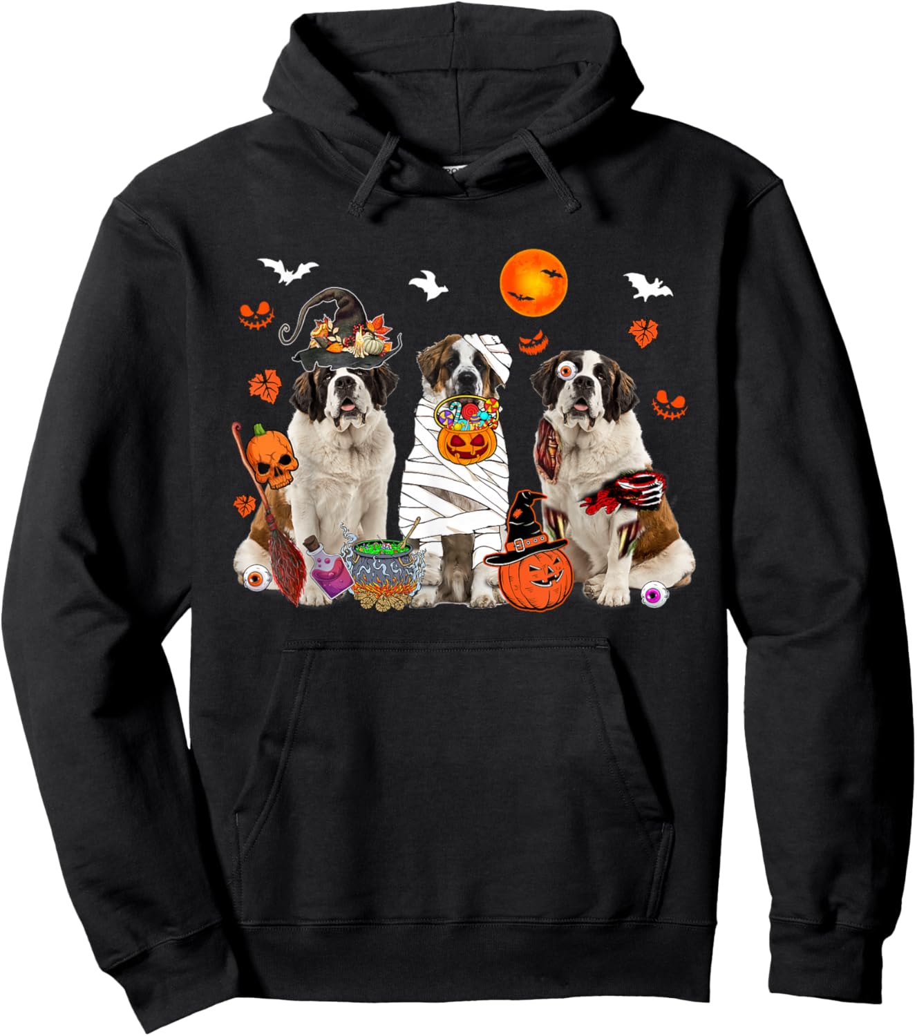 Three St. Bernard Dogs Witch Scary Mummy Halloween Zombie Hoodie - Hoodie | Black