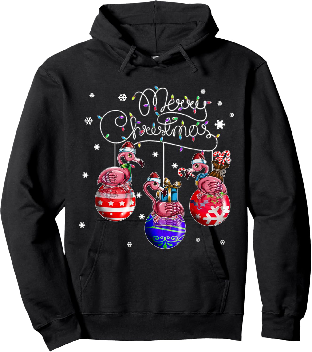 Merry Christmas Flamingo Christmas Ball Motif Christmas Hoodie - Hoodie | Black
