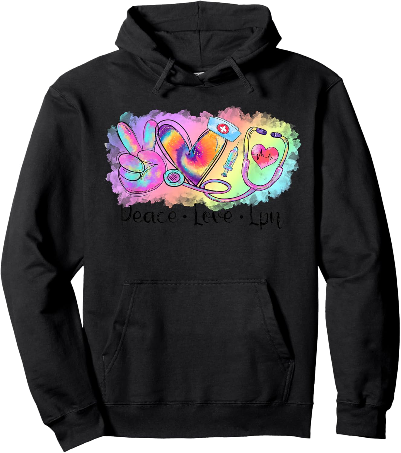 Tie Dye Peace Love LPN Stethoscope School Nurse Squad Hoodie - Hoodie | Black