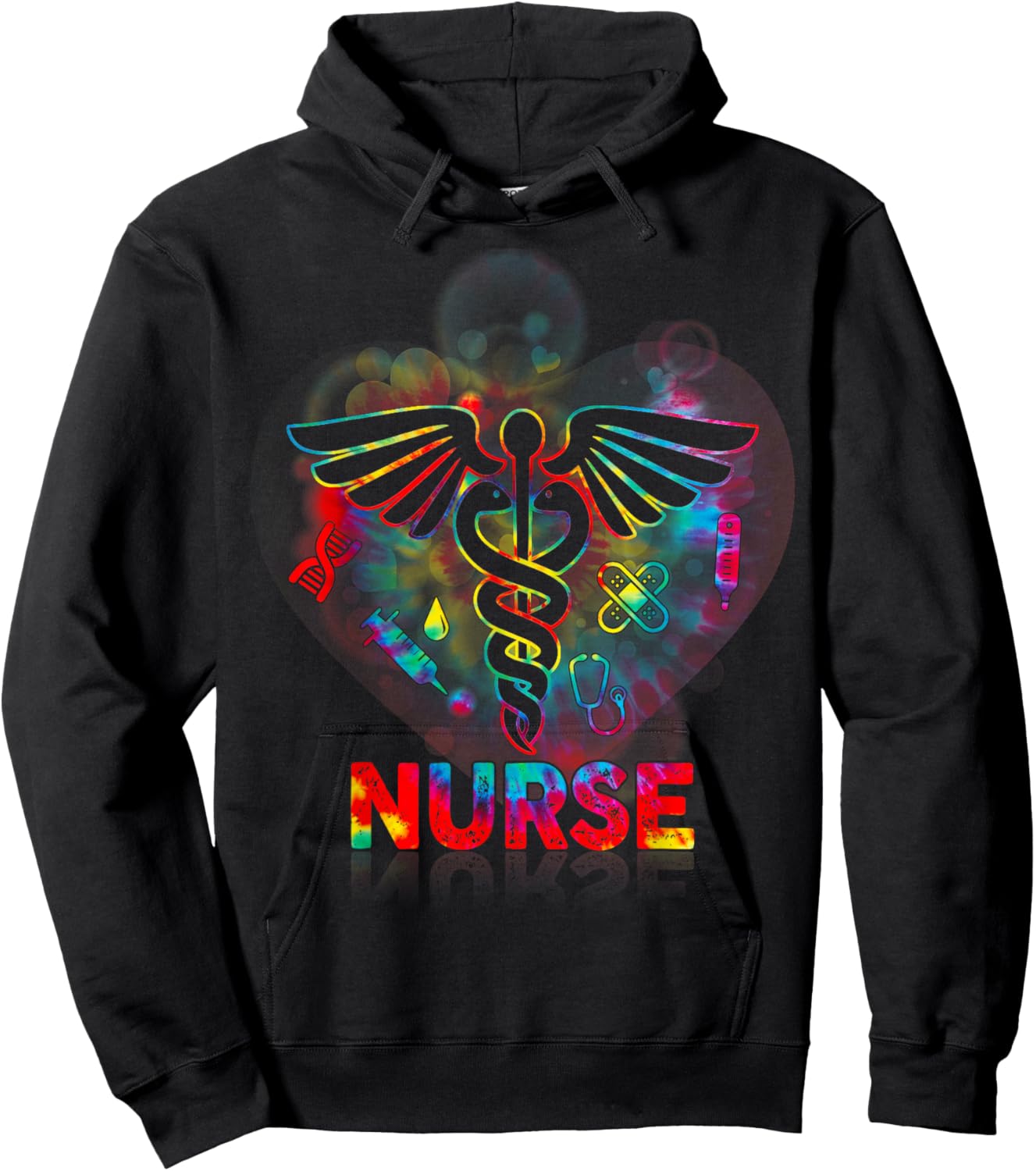 Nurse 365 Proud Nurse Tie Dye Caduceus Heartbeat Medical Hoodie - Hoodie | Black