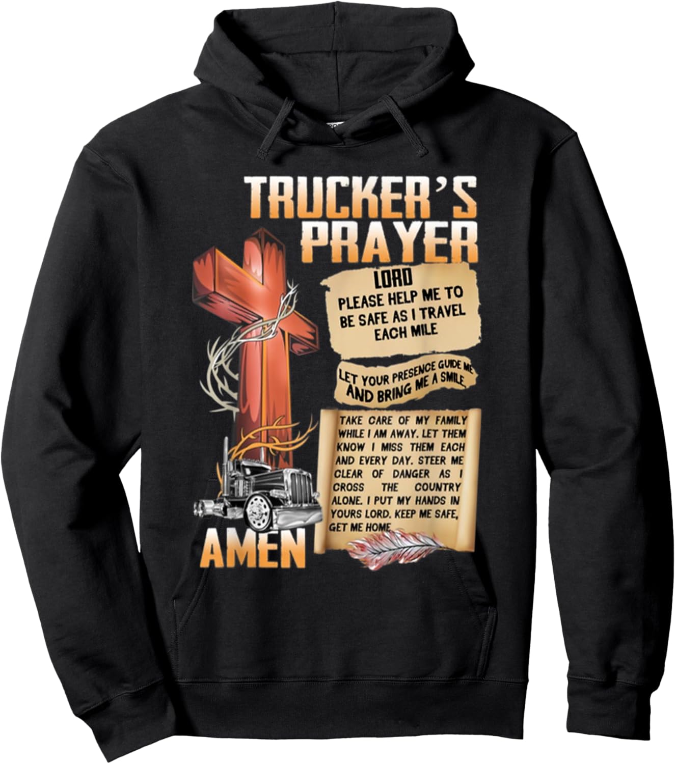 Trucker's Prayer Amen Cross Truck Drive Lover Hoodie - Hoodie | Black