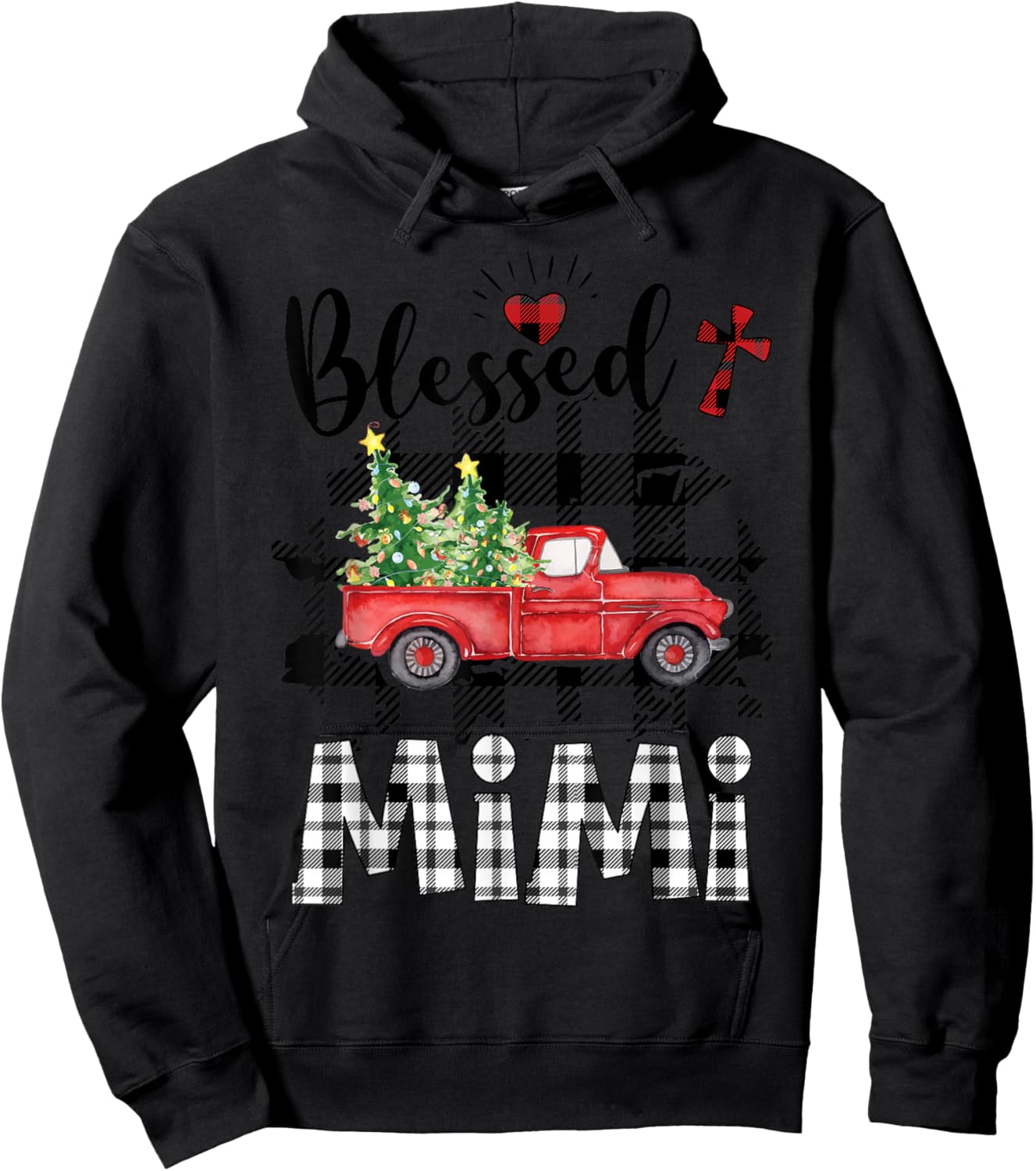 Funny Blessed Mimi Claus Buffalo Plaid Red Truck Christmas Hoodie - Hoodie | Black