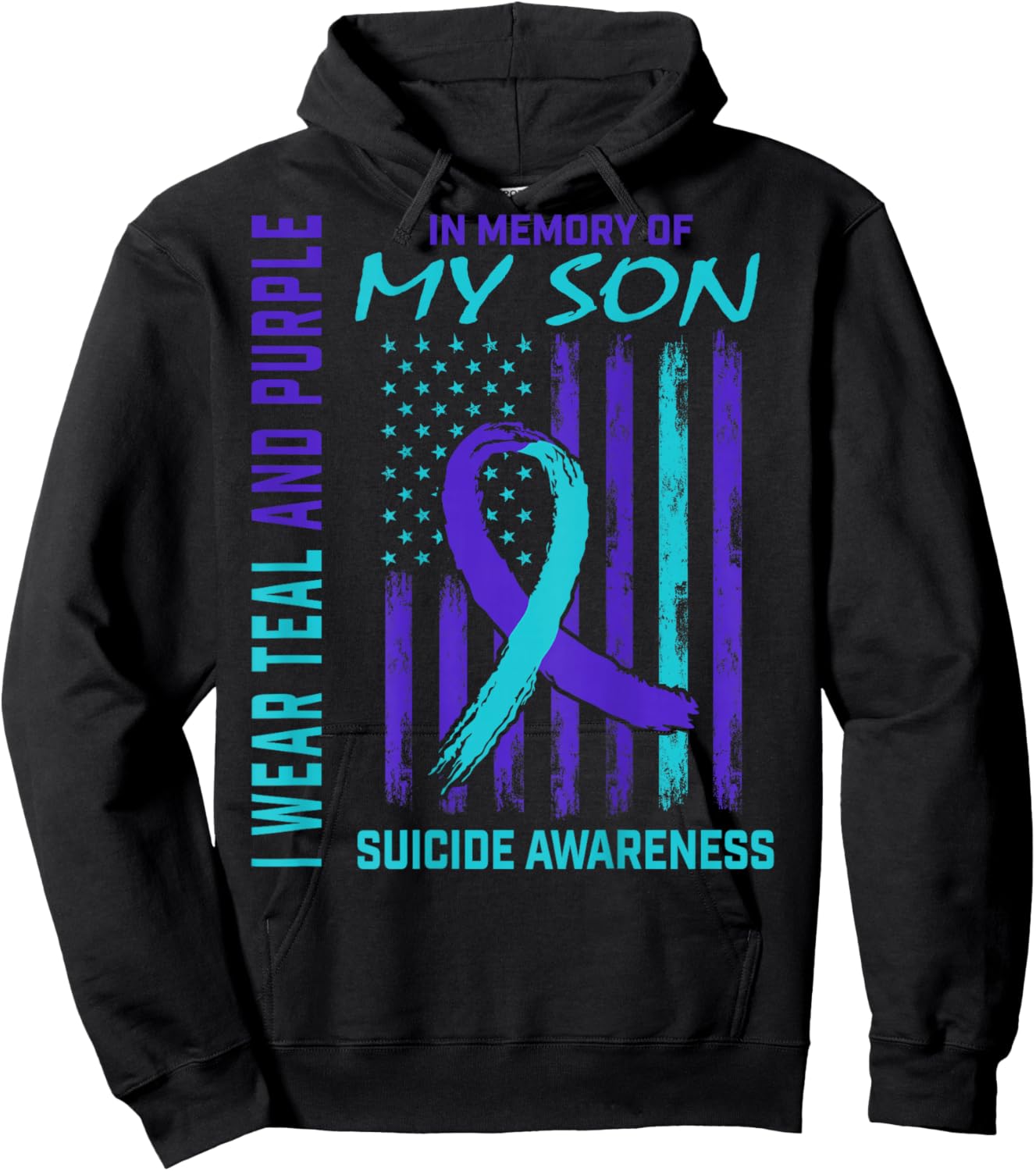 Teal Purple Ribbon Suicide Awareness USA Flag Son Back Print Hoodie - Hoodie | Black