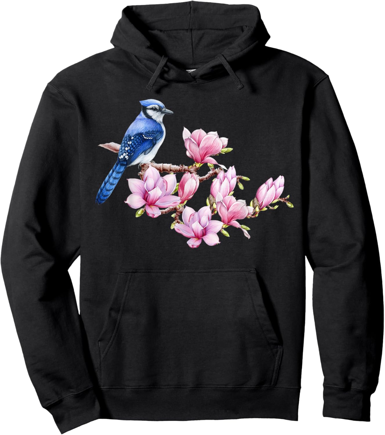 Blue Jay Bird on Magnolia - Watercolor Birding and Gardening Hoodie - Hoodie | Black