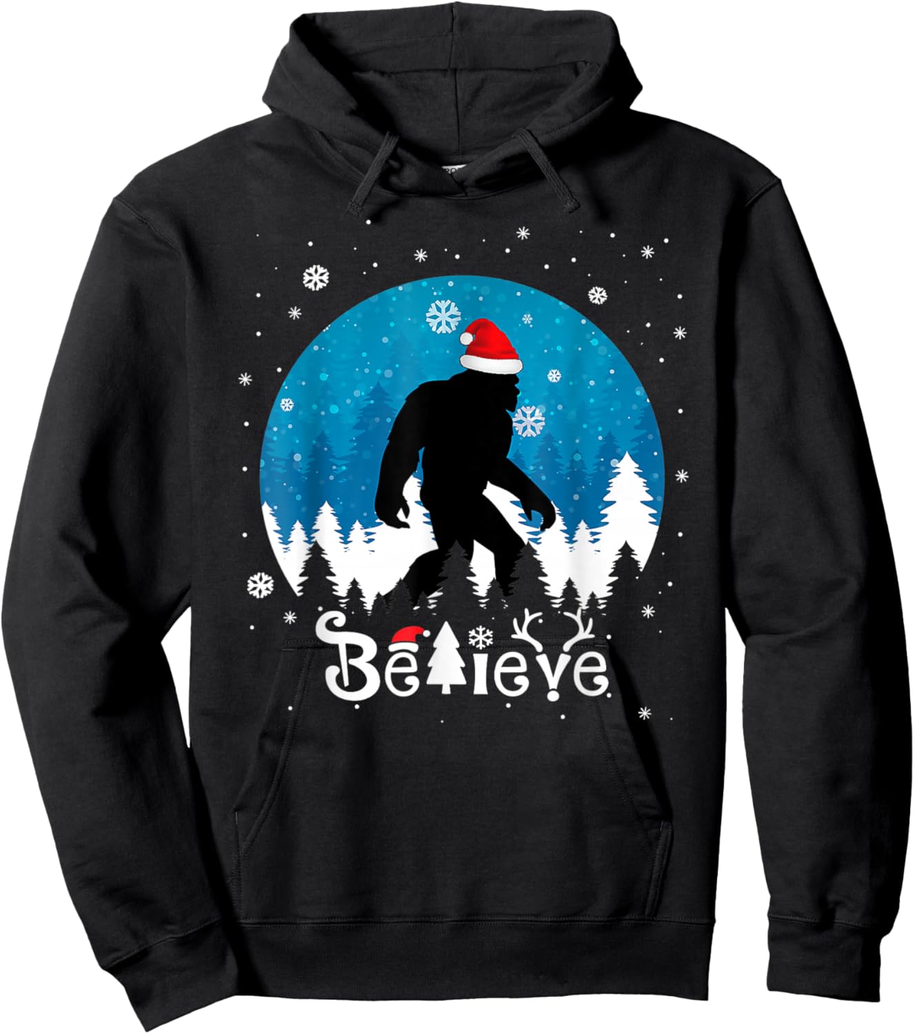 Funny Christmas Xmas Bigfoot Believe Sasquatch In Moon Light Hoodie - Hoodie | Black