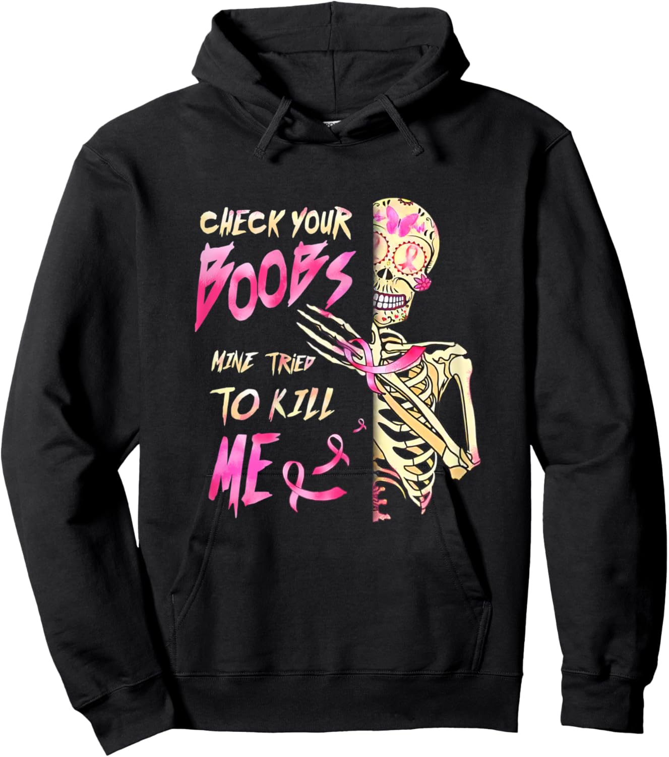 Breast Cancer Awareness Skeleton Check Your Boobs Hoodie - Hoodie | Black