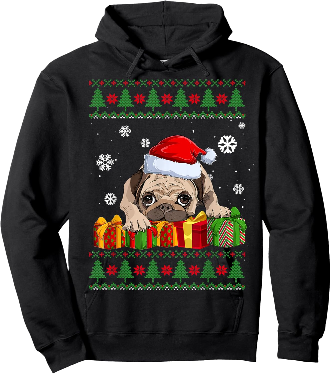 Funny Dog lovers Cute Pug Santa Hat Ugly Christmas Sweater Hoodie - Hoodie | Black