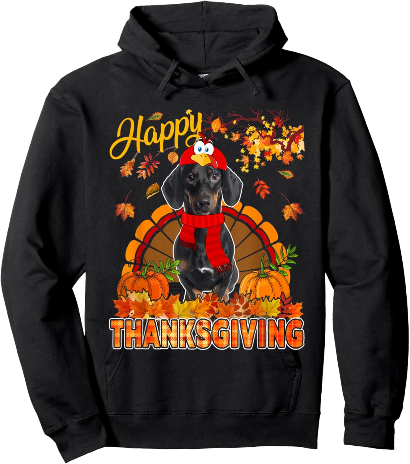 Thanksgiving Dachshund Wearing Turkey Costume Fall Leaves Hoodie - Hoodie | Black