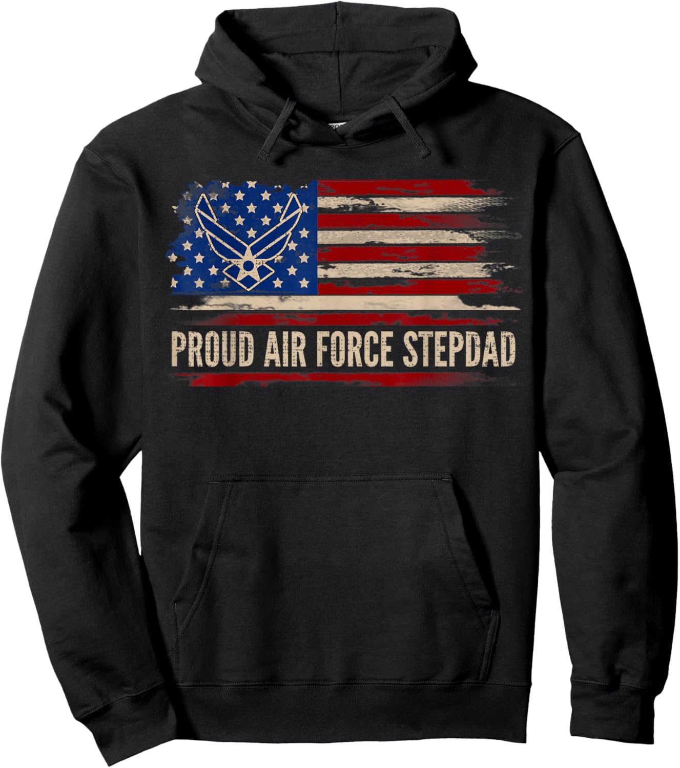 Vintage Proud Air Force Stepdad American Flag Veteran Gift Hoodie - Hoodie | Black