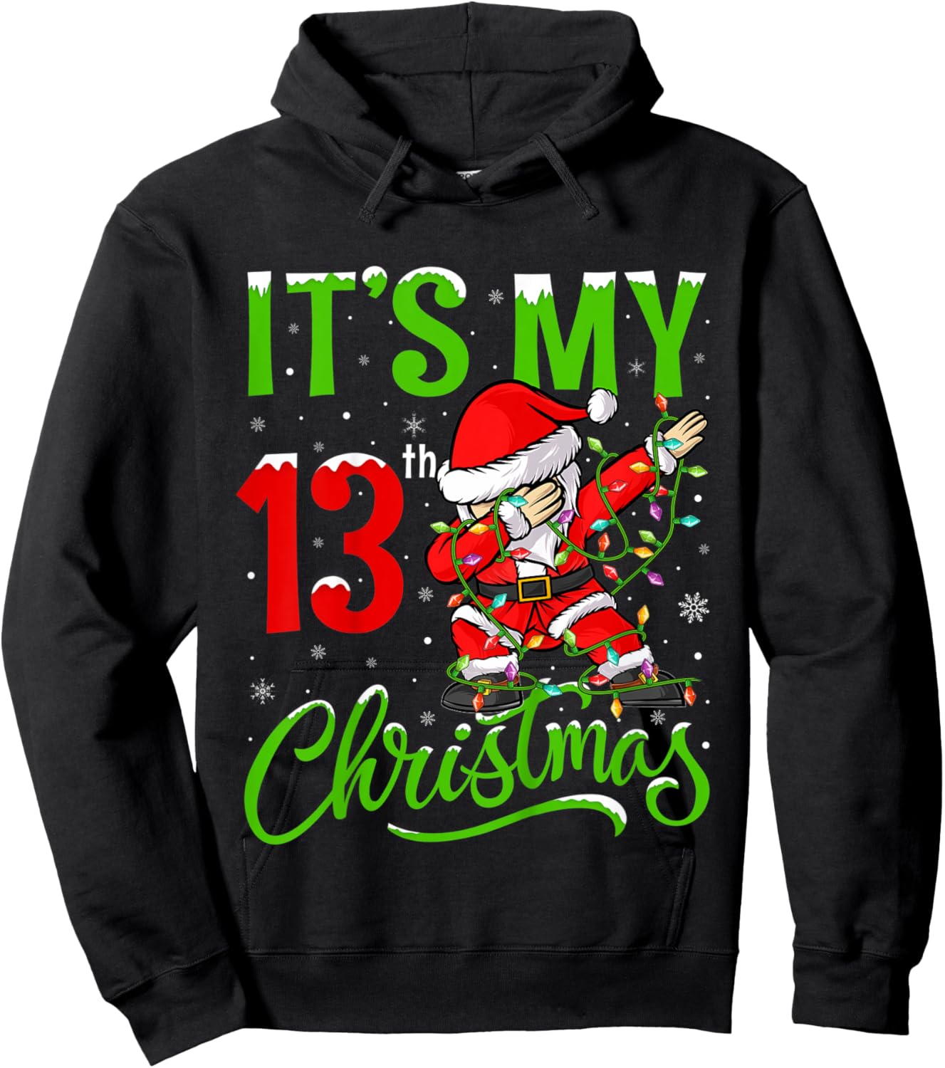 Kids Xmas Lighting Dabbing Santa It's My 13th Christmas Birthday Hoodie - Hoodie | Black