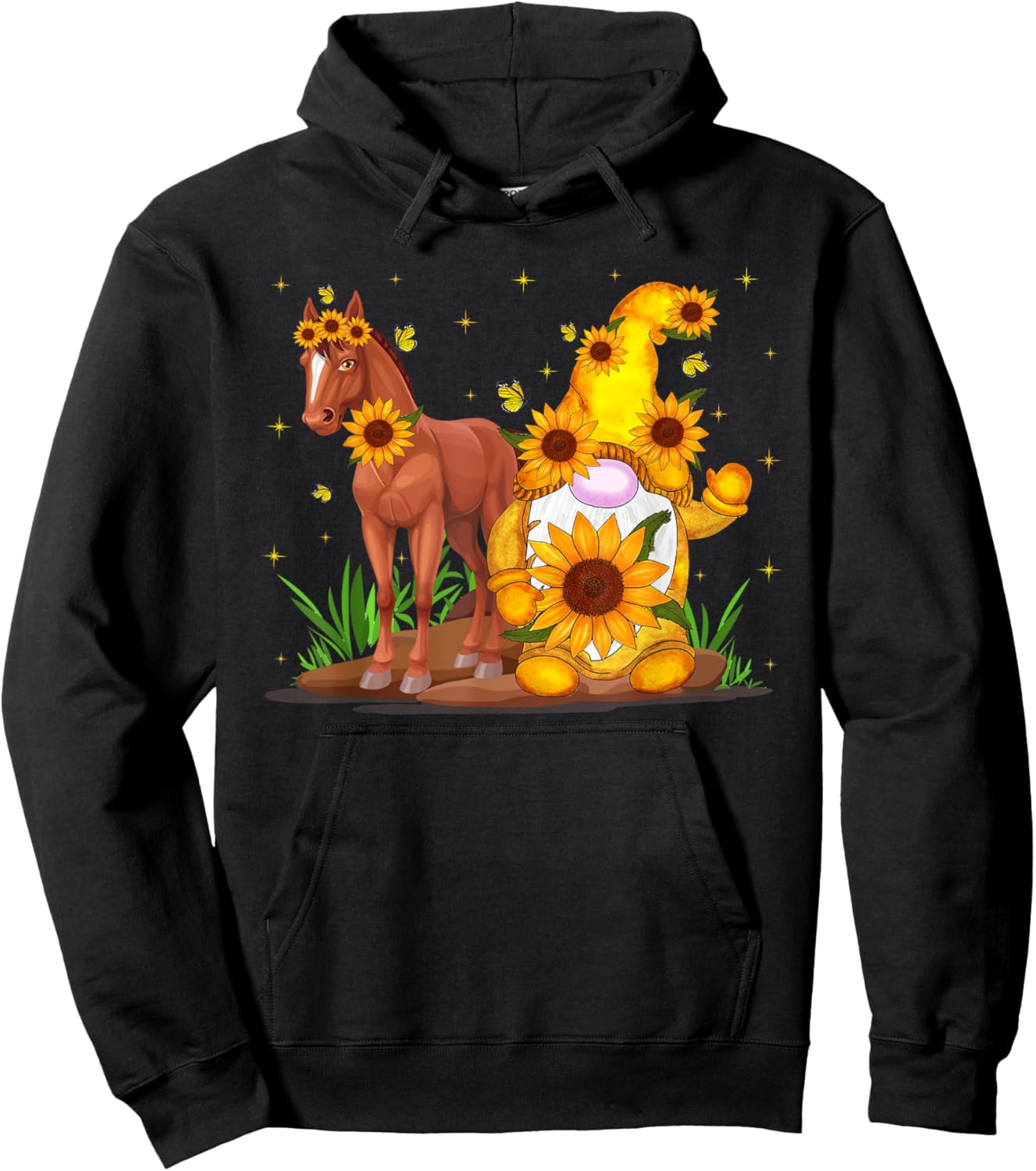 Cute Gnome and Horse Sunflower Funny Gnome Horse Builder Hoodie - Hoodie | Black