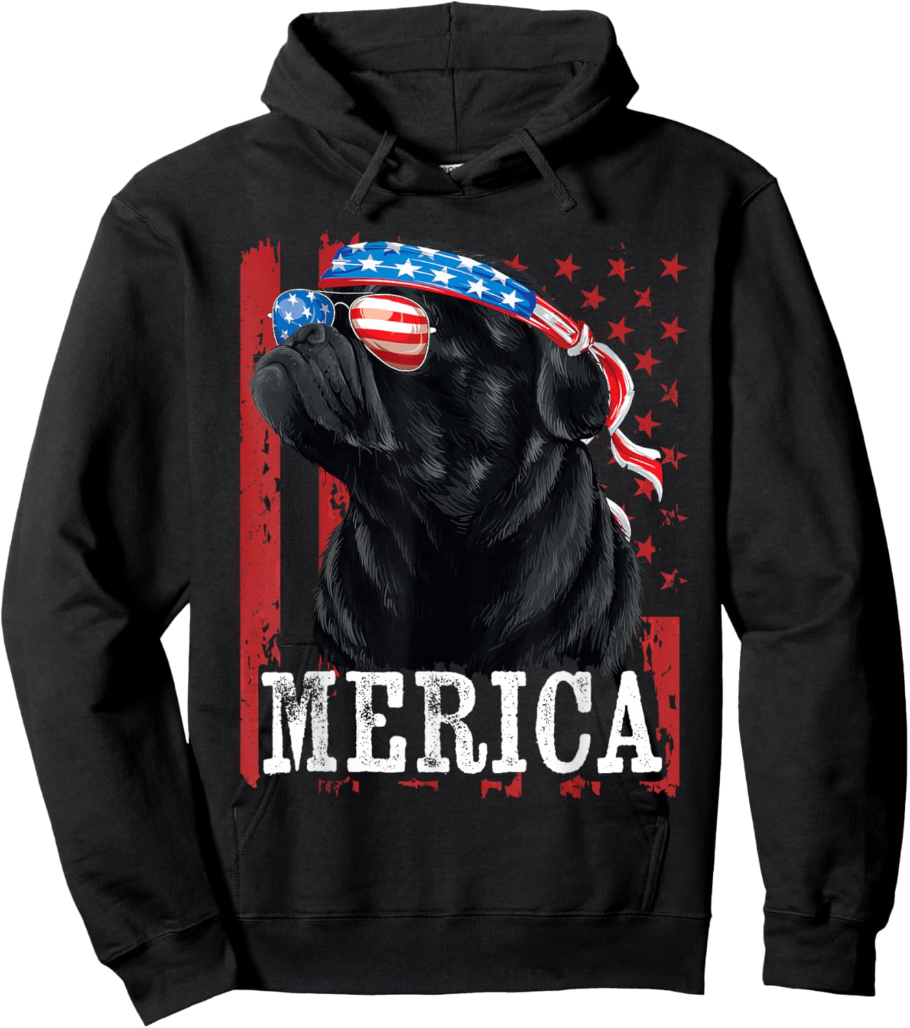 Funny Black Pug 4th of July Dog Mom Dog Dad Merica USA Flag Hoodie - Hoodie | Black