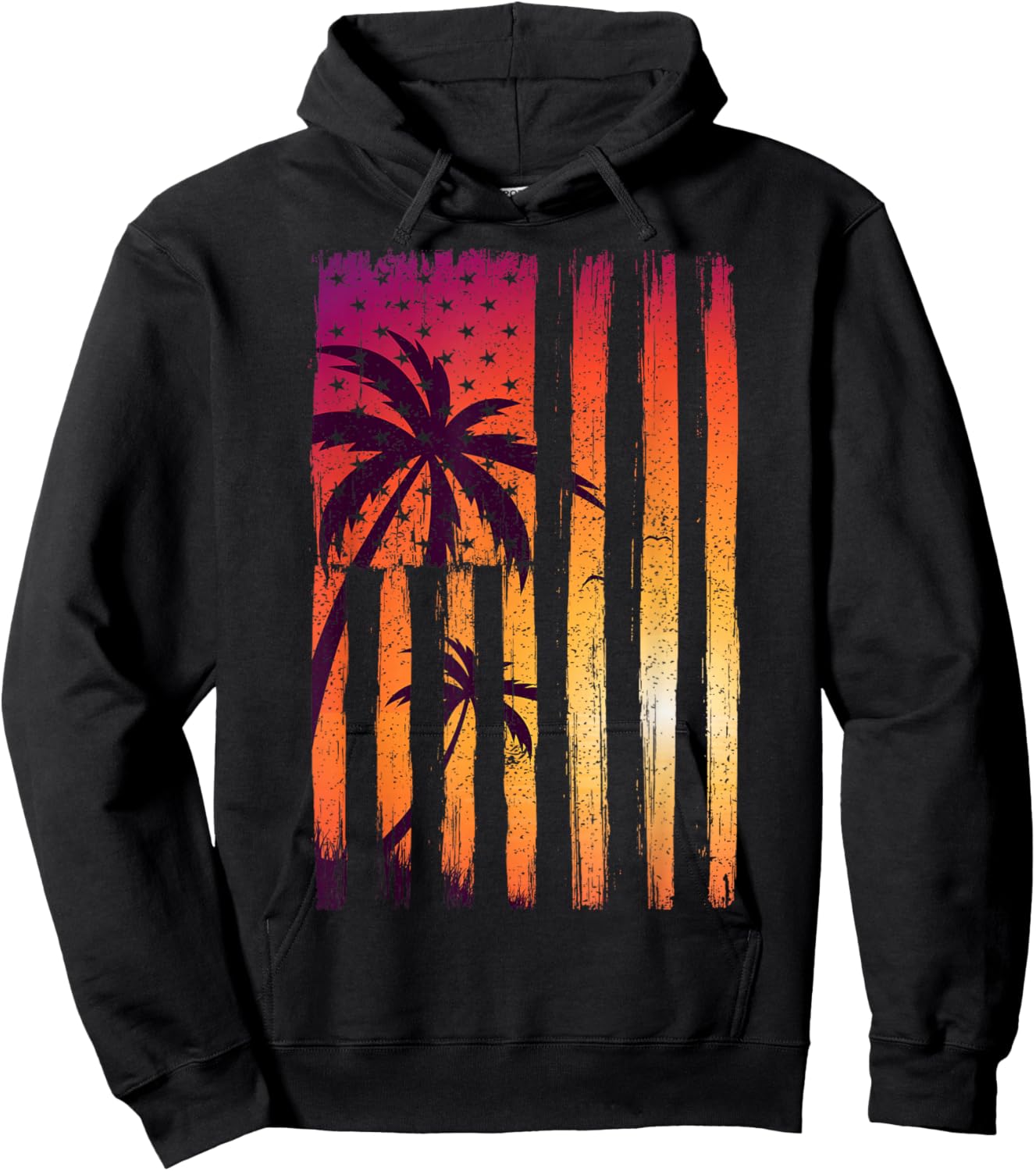 Summer Sunset Palm Trees American Flag Cool Spring Beach Hoodie - Hoodie | Black