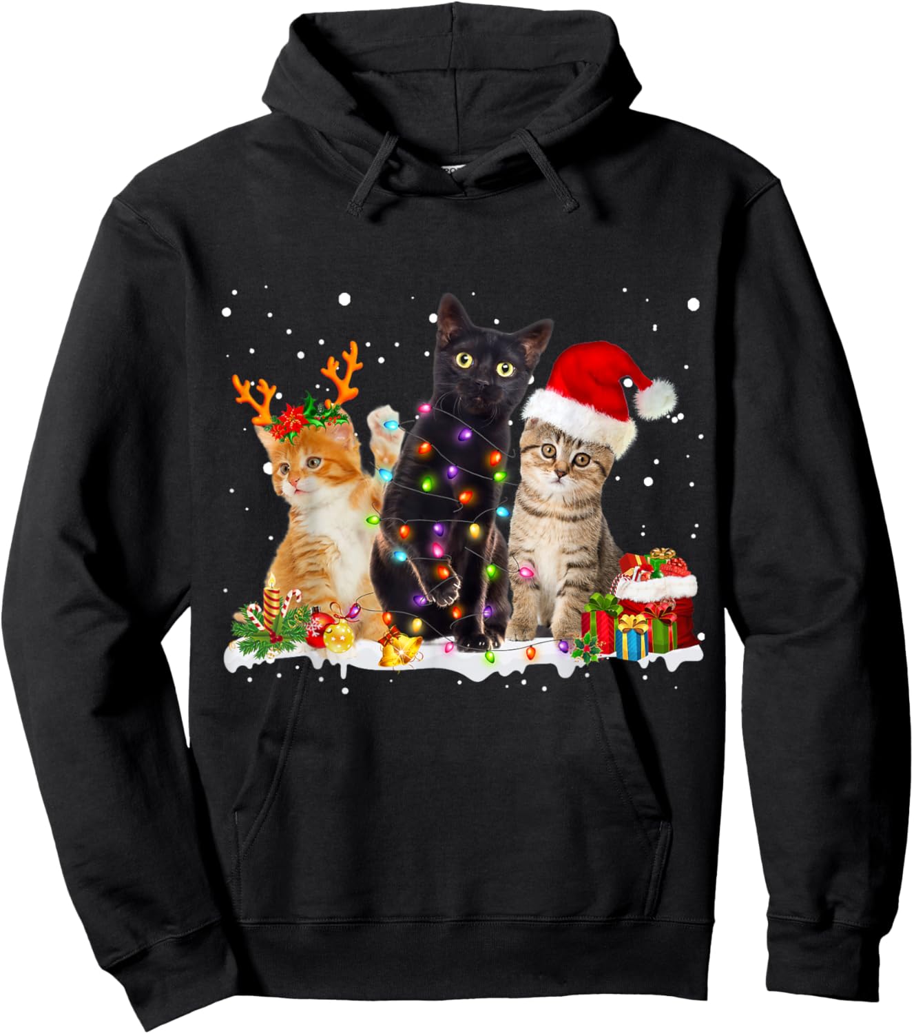 Santa Cat Light Gorgeous Reindeer Pajama Christmas Cat Lover Hoodie - Hoodie | Black