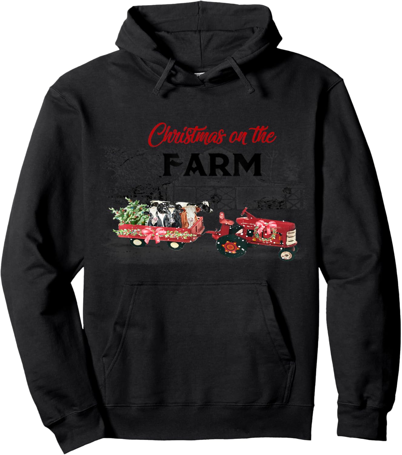 Cow Red Truck Christmas On The Farm Hoodie - Hoodie | Black