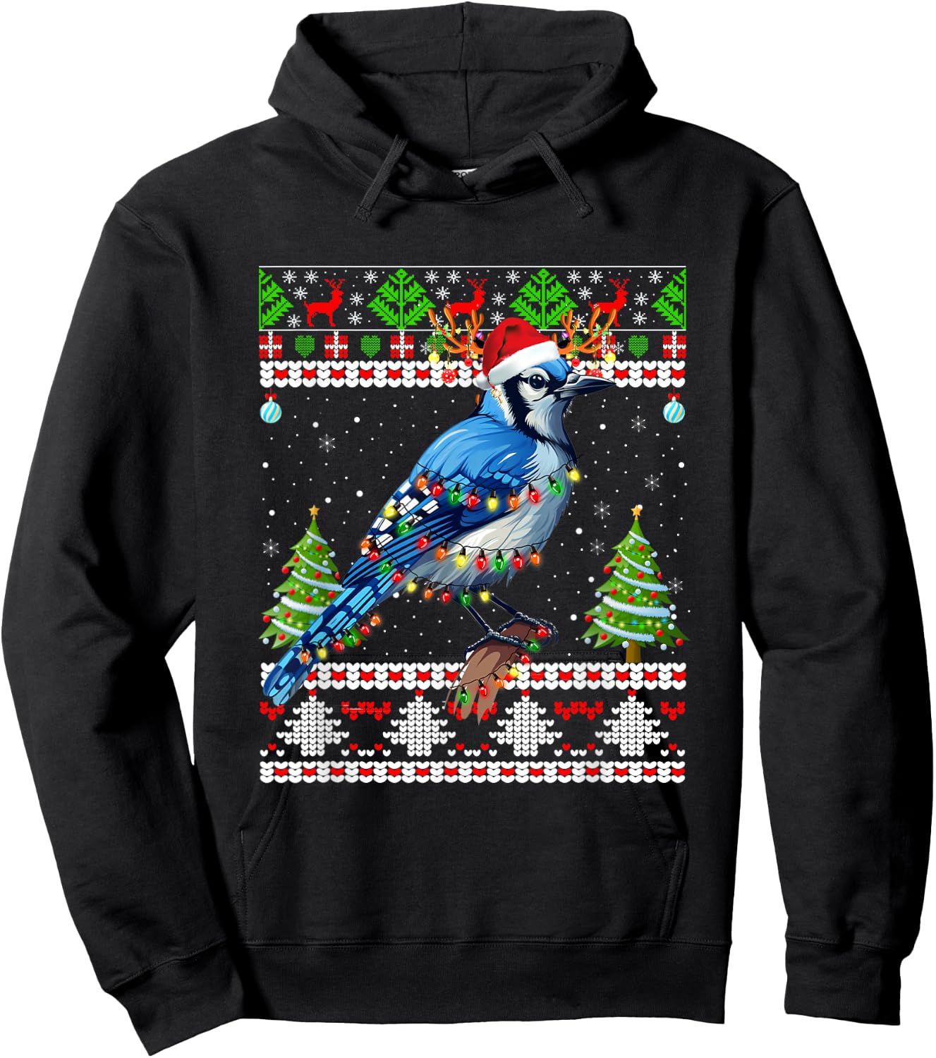 Xmas Lights Ugly Sweater Style Santa Blue Jay Bird Christmas Hoodie - Hoodie | Black